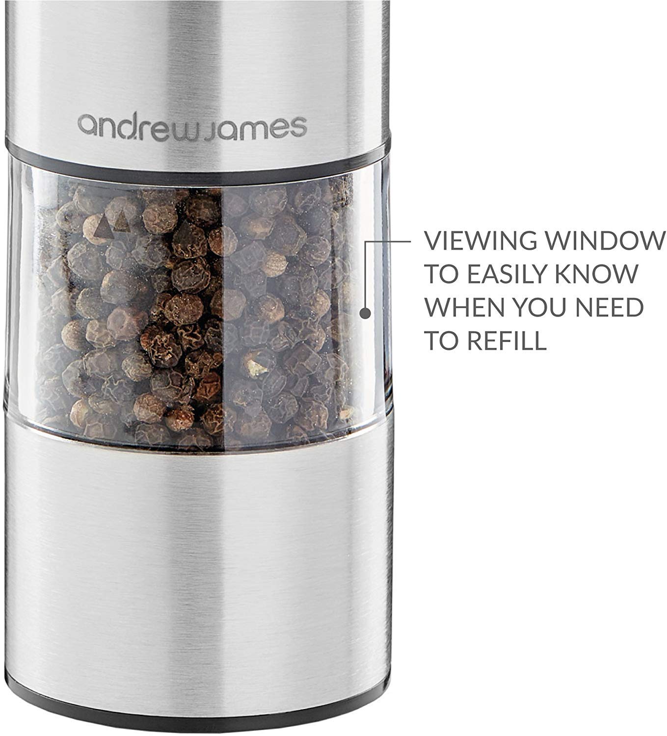 Andrew James Salt and Pepper Mills Electric Grinder Set | Illuminated Dispensing Adjustable Coarseness from Ceramic Blades | One Touch Operation | Battery Powered | 23cm x 5.5cm (Silver) Silver