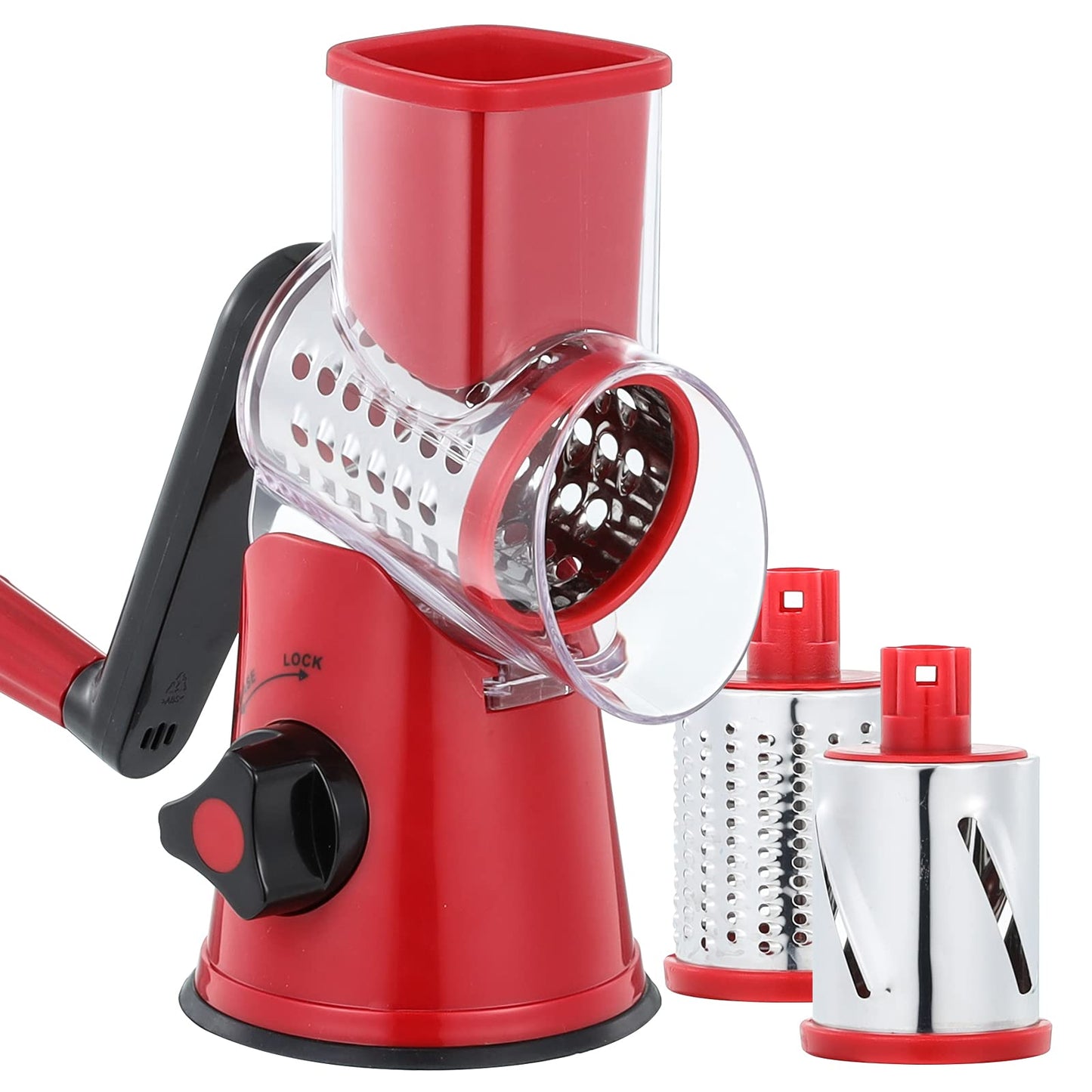 GDL Cheese Grater Rotary, Vegetable Slicer with 3 Interchangeable Drum Blades，Grater Kitchen Fast Cutting for Time Saving, Rotary Grater Suitable for Vegetable, Fruit, Nut, etc. Red