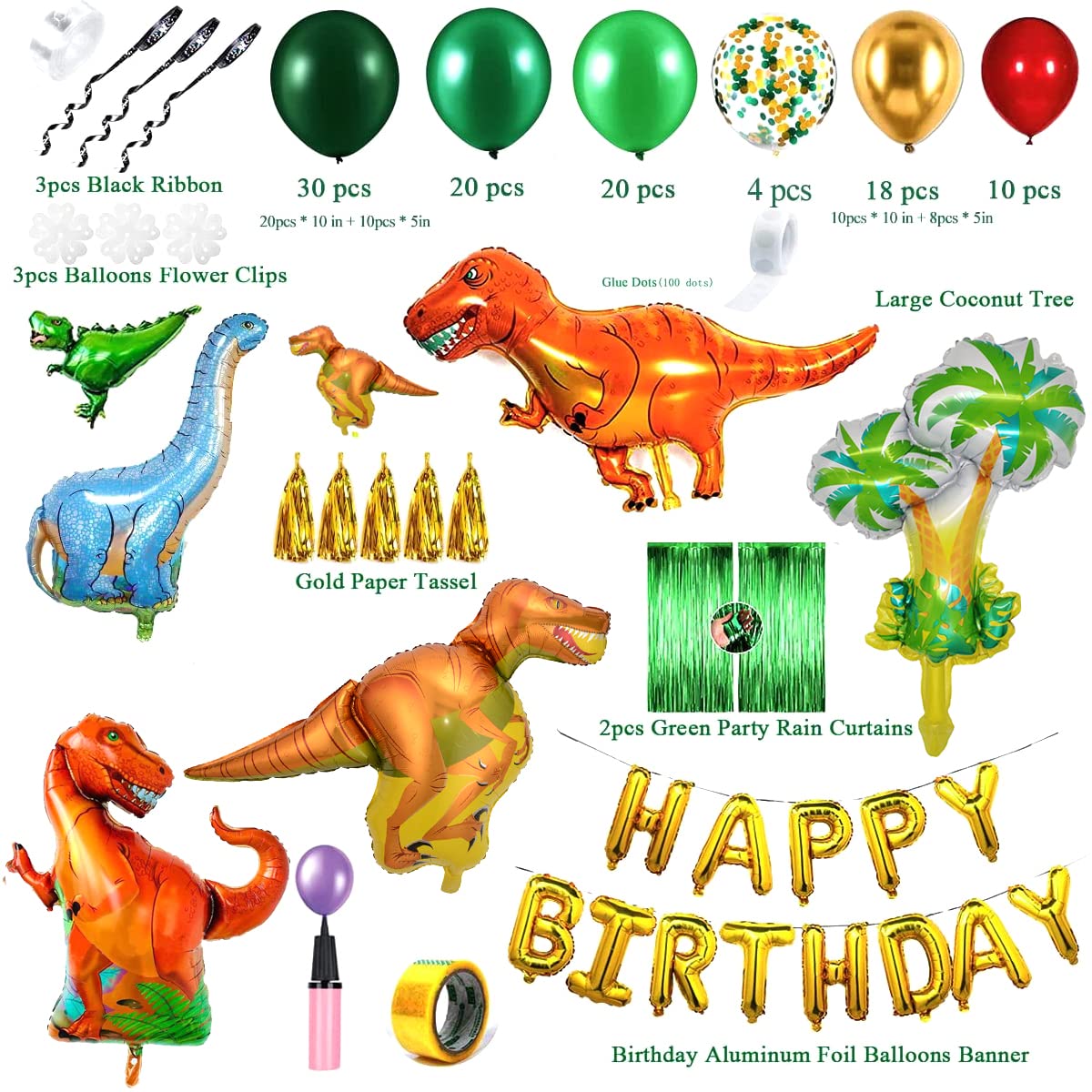 YinQin 143 PCS Dinosaur Birthday Party Balloons with Pump, Dinosaur Birthday Party Supplies Jungle Green Birthday Balloon Dinosaur Birthday Decoration Dino Birthday Balloon Decorations for Boy (Green)