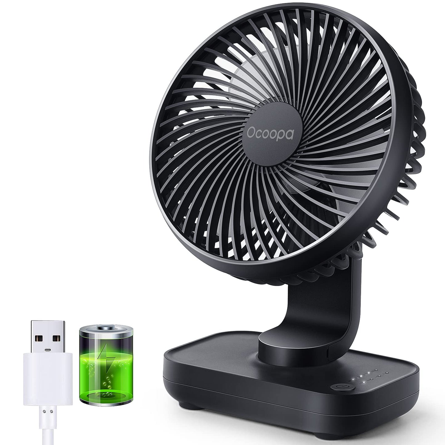 USB Desk Fan, 4000mAh Rechargeable Battery Operated, Table Fan 4 Speeds, 5inch Mini Portable Fan, with Strong Airflow Quiet Operation, Electricity Display, Easy to Disassemble, Desktop Fan White Blue