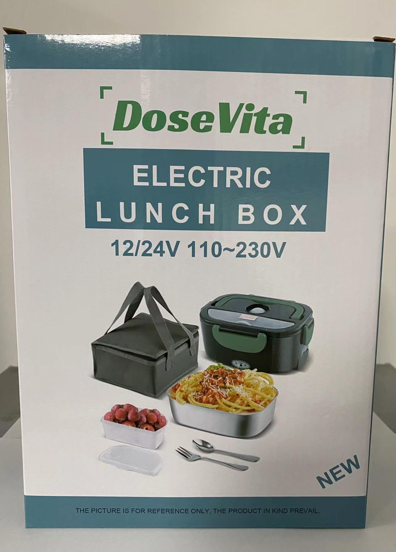 Dosevita Electric Lunch Box 80W Faster Heated Lunch Box Portable Food Warmer for Car Home with Removable 304 Stainless Steel Container Spoon & Fork and Carry Bag (Grey+Green) Grey+green