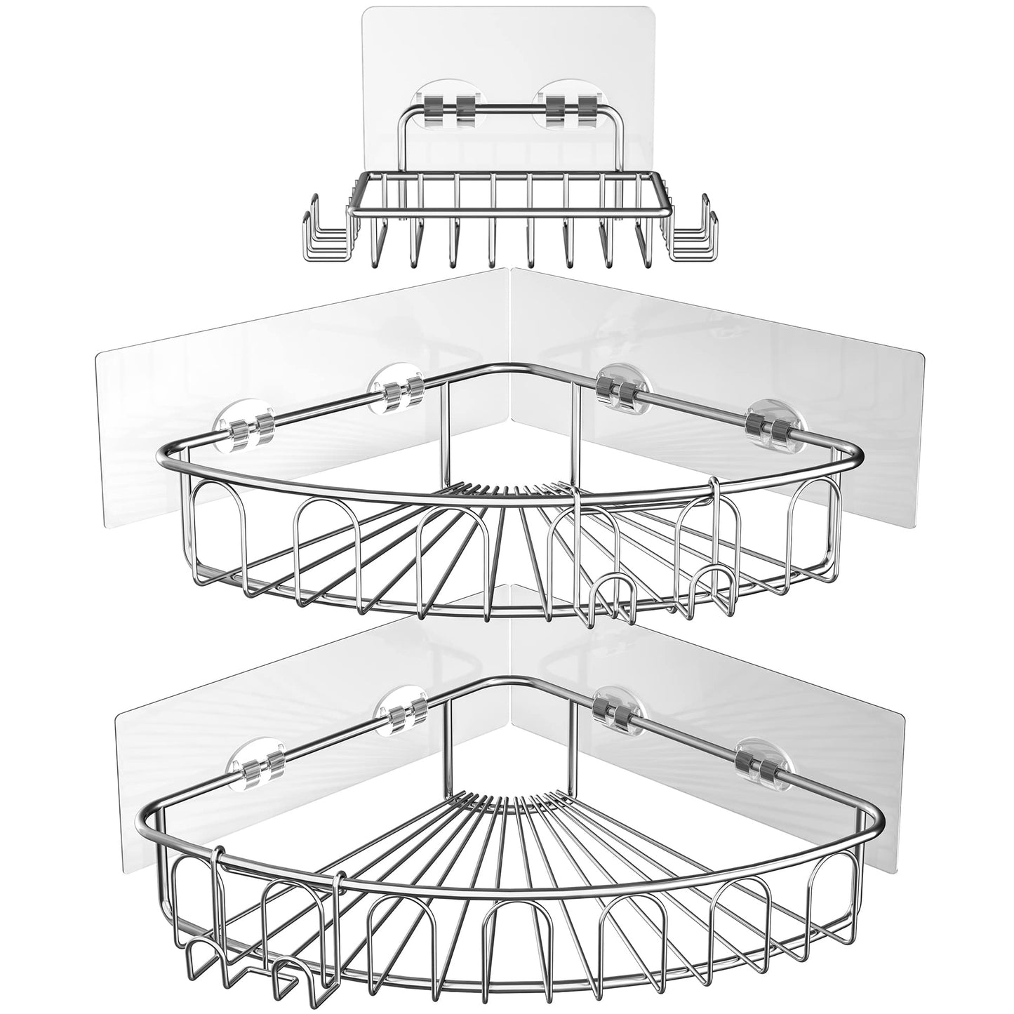 Orimade Corner Shower Caddy Basket Rack Stainless Steel with Hooks Wall Mounted Bathroom Shelf Storage Organizer Adhesive Rustproof No Drilling Shampoo Holder 3 Pack Silver