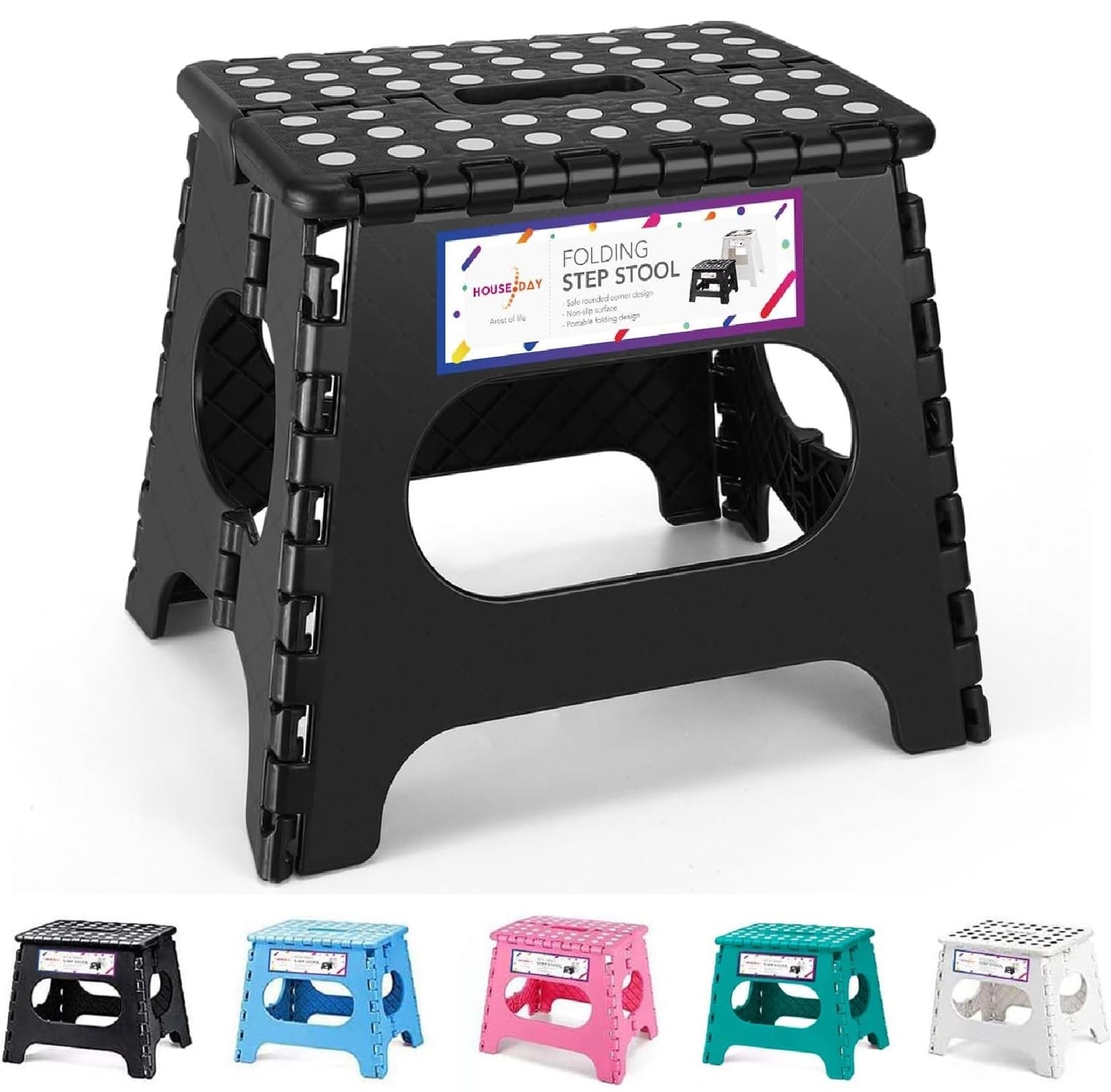 HOUSE DAY 11 Inch Folding Step Stool for Kids- Heavy Duty Plastic Step Stool for Adult Foldable Stool Sturdy Kitchen Step Stool Skid Resistant Folding Stool for Bedroom/Bathrooom Stools(Black) 11 inch,Black