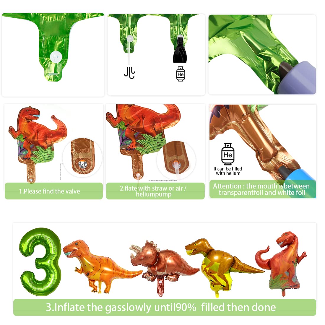 Dinosaur Birthday Party Decoration Set, Giant Dinosaur Foil Balloons, 3rd Birthday Balloons Set, 3rd Birthday Balloons Green for Dinosaur Party Decoration Jungle Party Boys Children Green-3