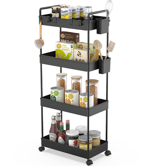 Ronlap Slim Storage Trolley, 4 Tier Rolling Cart Storage Organizer, Storage Trolley on Wheels, Mesh Basket Shelf with Ergonomic Handles for Office Bathroom Kitchen Laundry Room Narrow Places, Black 22x40x86.5cm