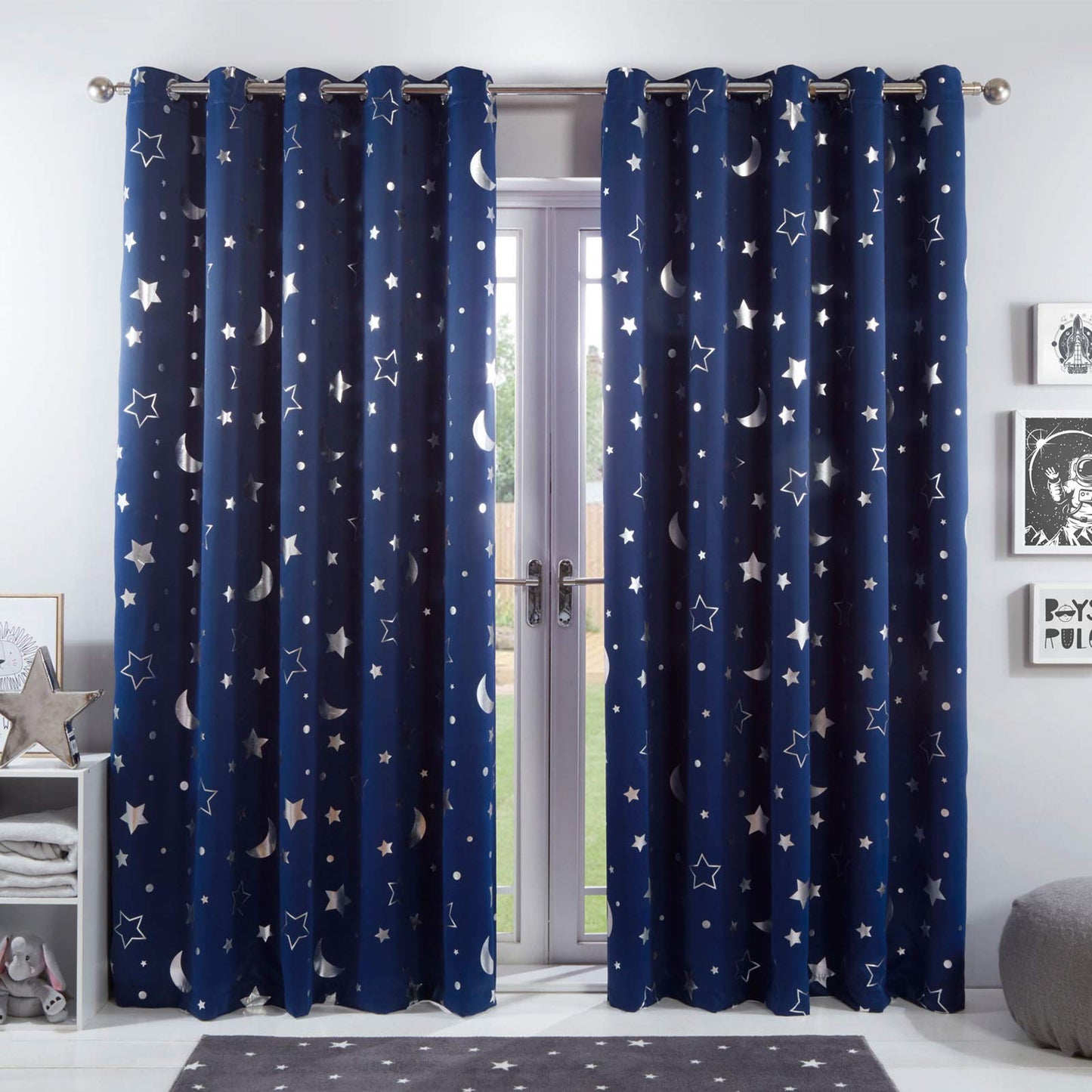 Dreamscene Galaxy Star Thermal Blackout Curtains PAIR of Eyelet Ring Top Panels Kids Boys Metallic Moon - Navy Blue, Width 66" x Drop 90" 66" wide x 90" drop Navy Blue Moon Stars