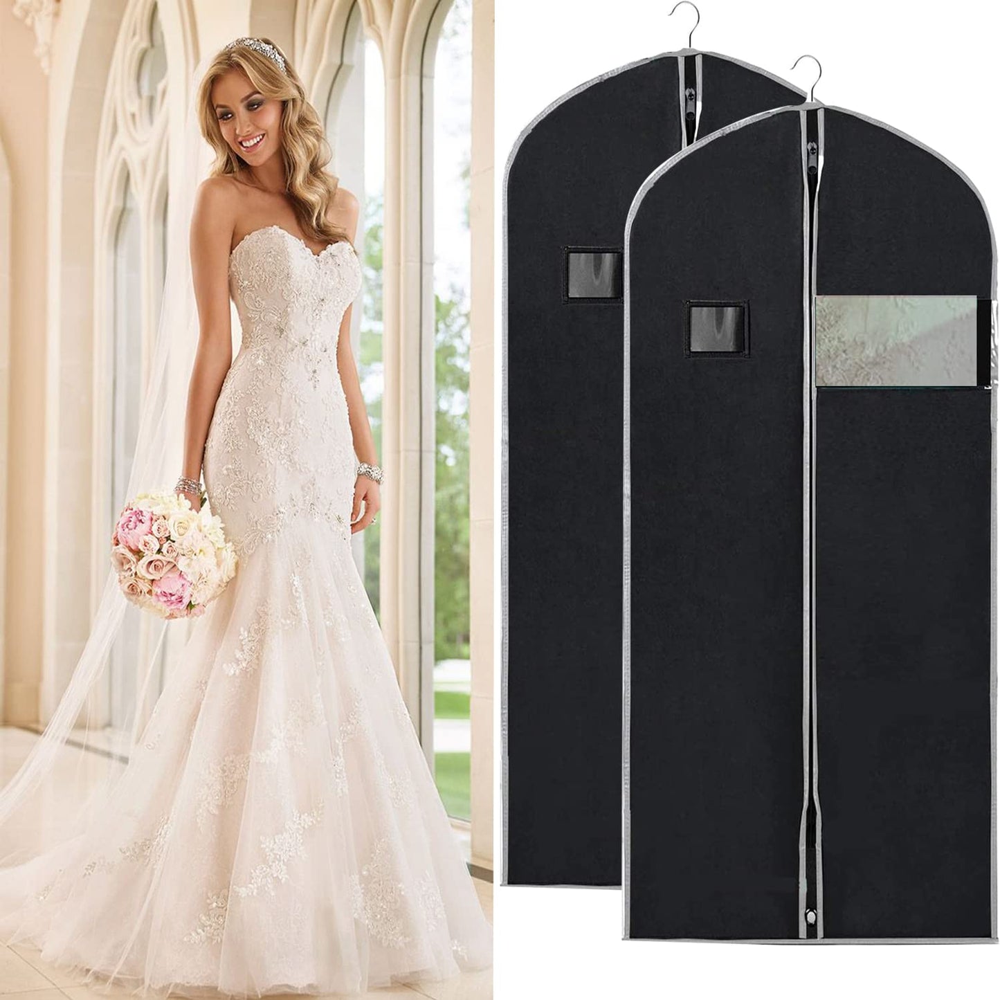 Dress Bag Covers Long, URMI Breathable 72 inch (3 PCS) Hanging Wedding Dress Bridesmaid Dress Bags for Gowns Prom Bridal Garment Bags with Clear Window Moth Proof Clothes Cover Storage Bag Black 183cm 24"x 72"/3 PCS