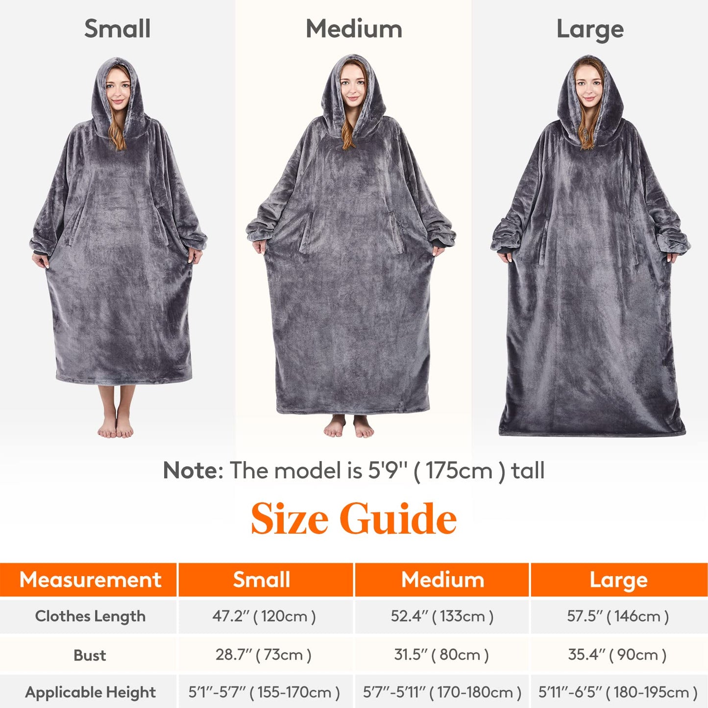 Lifewit Wearable Blanket Hoodie, Warm and Cozy Hoodie with Sleeves and Pockets, Flannel Blanket Sweatshirt for Women, Men, Medium, Grey Medium for 170-180cm