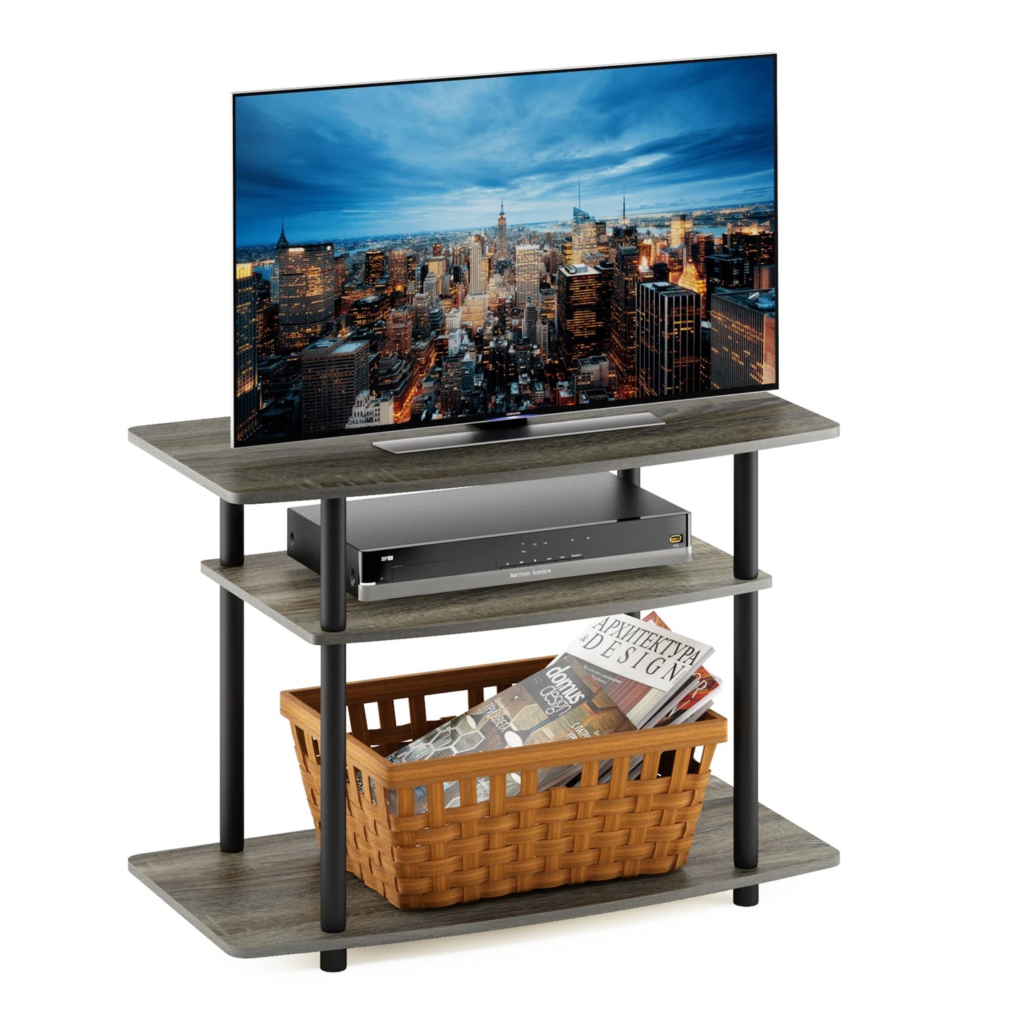 Furinno No Tools 3-Tier Entertainment Center Stand, TV Stands, TV Unit, TV Shelf, French Oak/Black Round Tube