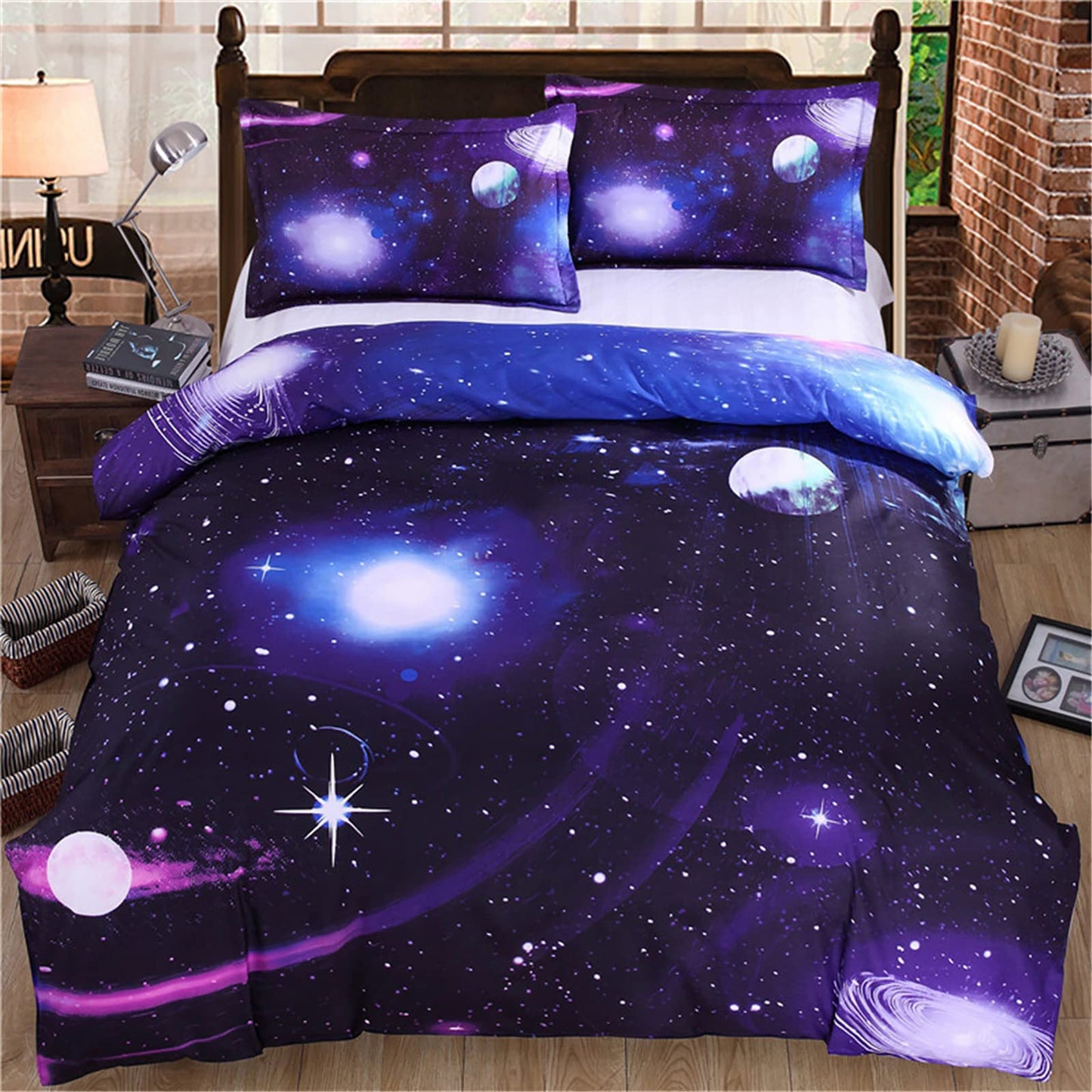 Galaxy Duvet Cover Single Reversible Universe Moon Printed Bedding Set Soft Microfiber Quilt Cover with Zipper Closure for Bedding Decro (2Pcs,135x200cm) Single Size Purple