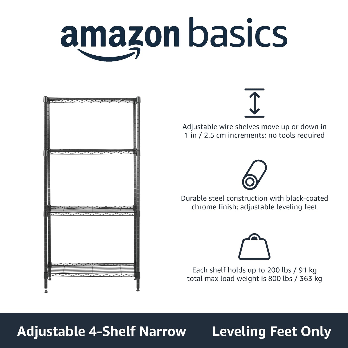 Amazon Basics 4-Shelf Narrow Storage Unit With Height Adjustable Shelves & Levelling Feet, 363kg Max Weight, Black, 34 cm D x 58.9 cm W x 121.9 cm H No Wheels