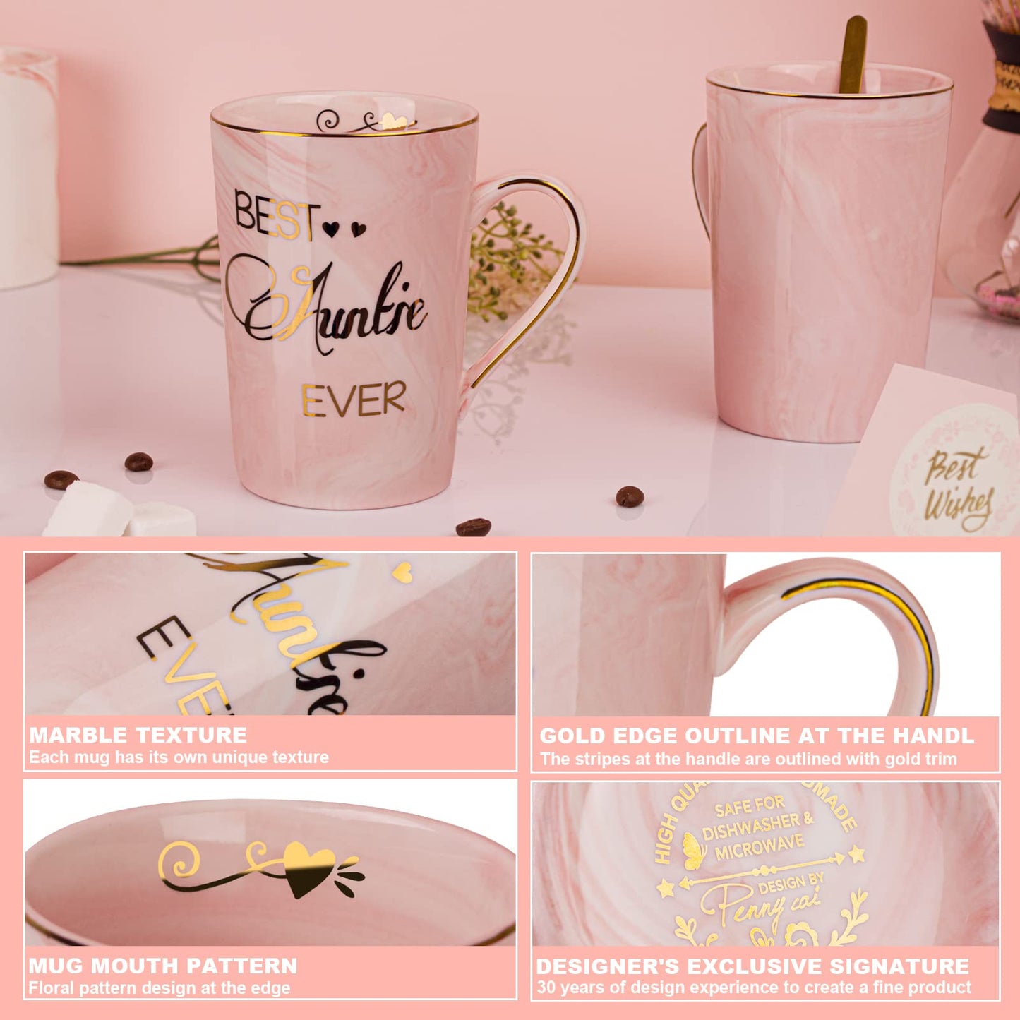 Doublewhale Auntie Gifts, Mothers Day Gifts, Auntie Birthday Gifts from Niece and Nephew, Best Auntie Gifts, Marble Coffee Mugs for Aunts, Mothers Day Birthday Gifts, 14OZ Ceramic Coffee Cups Sets Pink-auntie