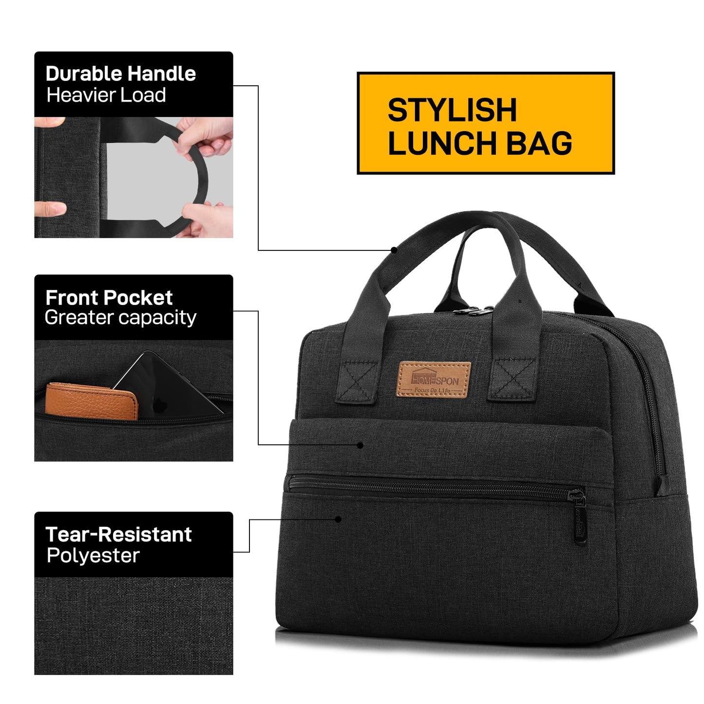 HOMESPON Insulated Lunch Bag for Women Men Work Adult Cool Bag Lunch Box Large Capacity Ladies Tote Bag(Black) Black