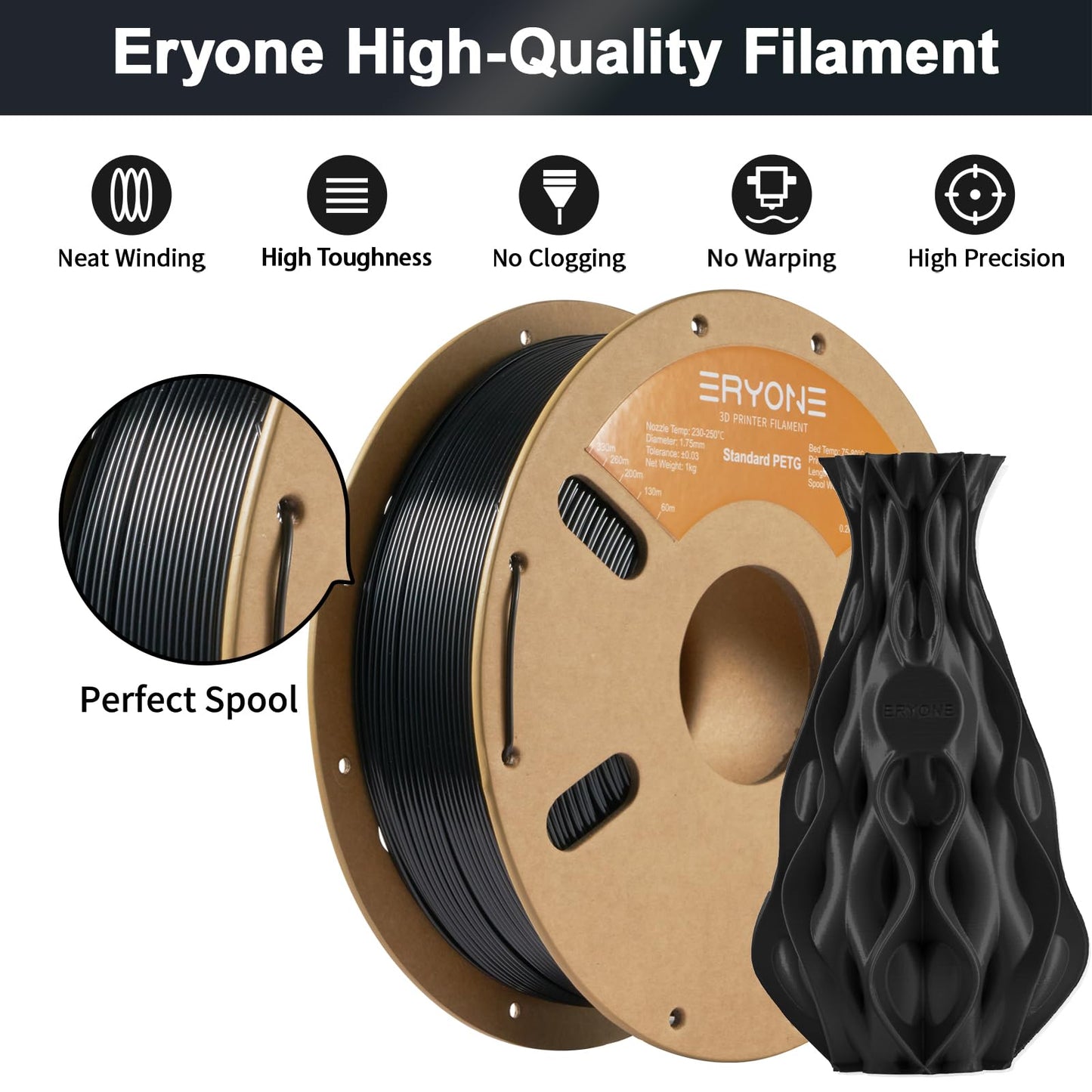 ERYONE PETG Filament 1,75 mm, 3D Printer Filament PETG, 0,03 mm, 1 kg/Spool, Black A-Black