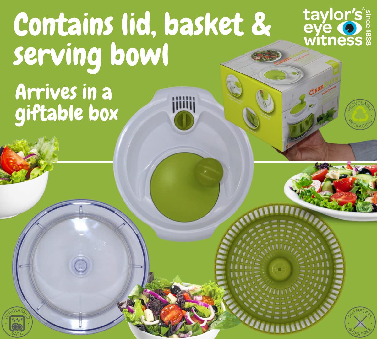 Small Salad Spinner with clear serving bowl, colander basket, smart-lock lid, easy drain system, non-slip base. 16cm|6in diam. Washes, dries & dresses lettuce, herbs, vegetables & fruit. Compact.