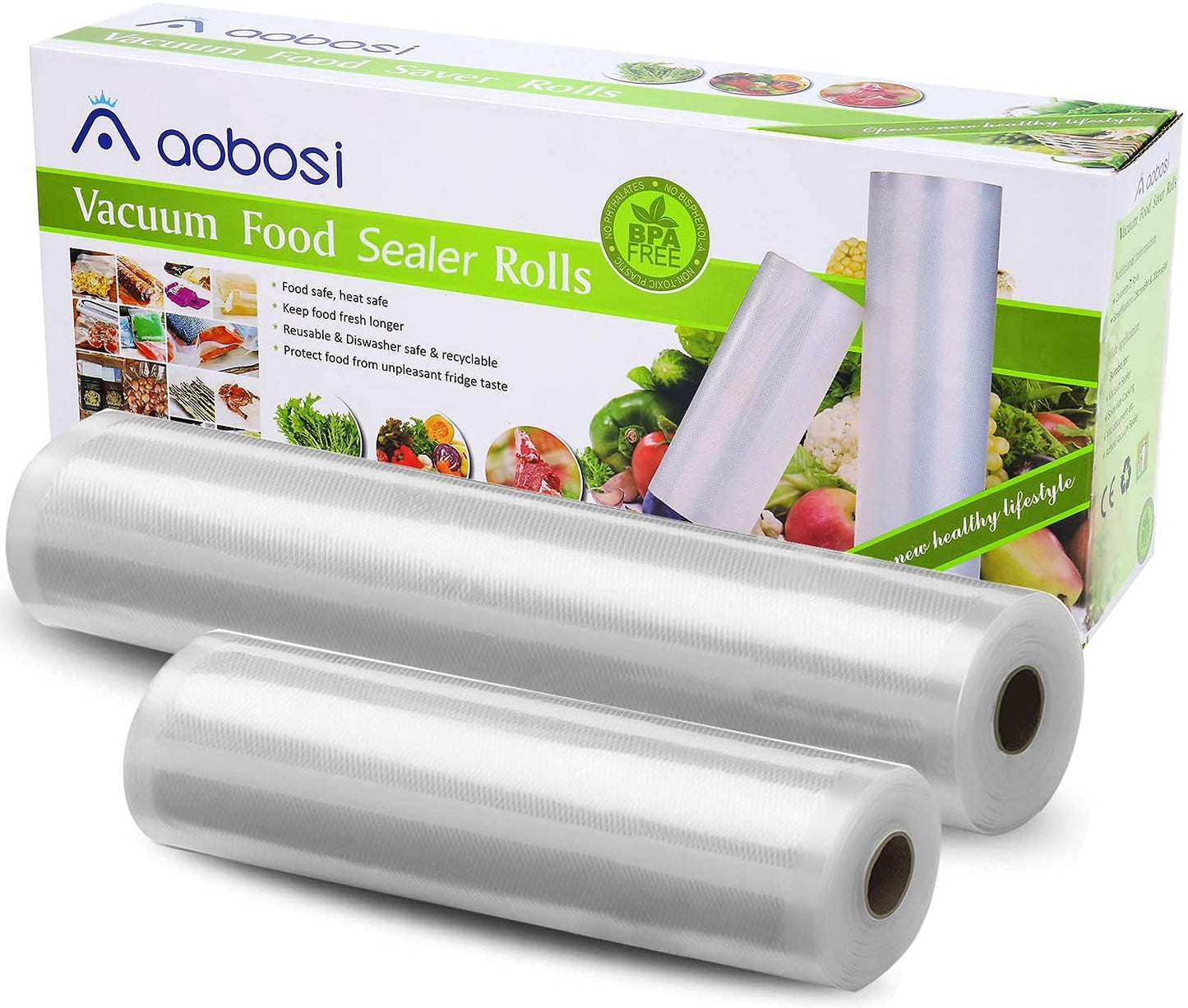 Aobosi Recyclable Vacuum Sealer Bags Vacuum Food Sealer Rolls BPA Free&LFGB Approved Reusable Food Storage Bags 2 Pack Roll 20cmX6m and 28cmX6m,for Sous Vide Cooker and All Vaccum Food Sealer Machines 20x600cm and 28x600cm