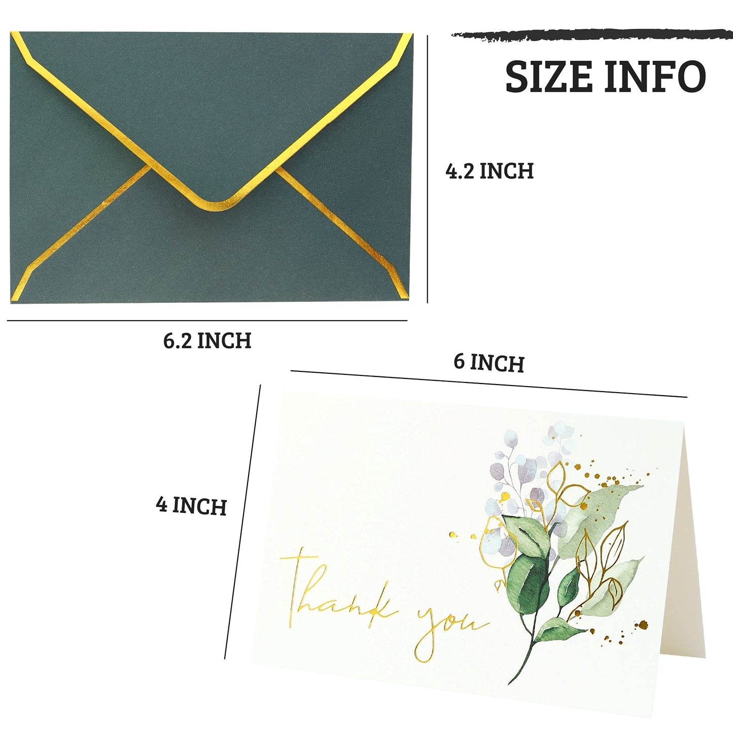 Heavy Duty Greenery Thank You Cards with Envelopes - 36 PK - Thank You Notes with Gold Foil Letterpress 4 x 6 Inches Blank Note Cards for Wedding Bridal Shower Baby Shower Card Business Green