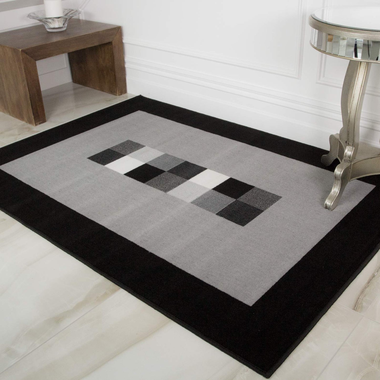 Milan Soft Simple Modern Black & Grey Monochrome Living Room Dining Room Border Area Rug - 80cm x 150cm 2'7" x 5' (80cm x 150cm)