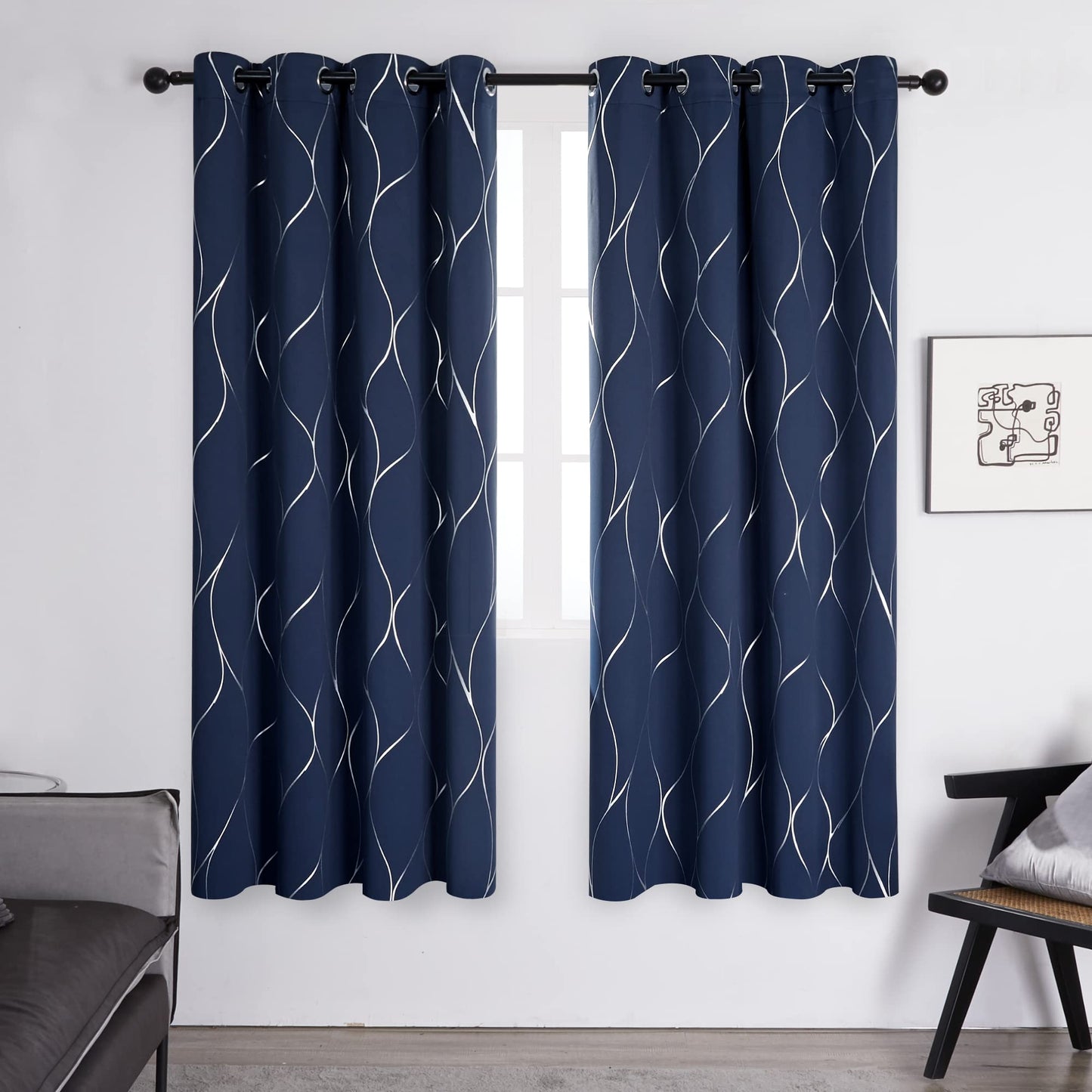 Deconovo Eyelet Blackout Curtains, Thermal Insulated Silver Wave Line Foil Printed Curtains for Bedroom, 46 x 72 Inch(Width x Length), Navy Blue, one pair W46 x L72