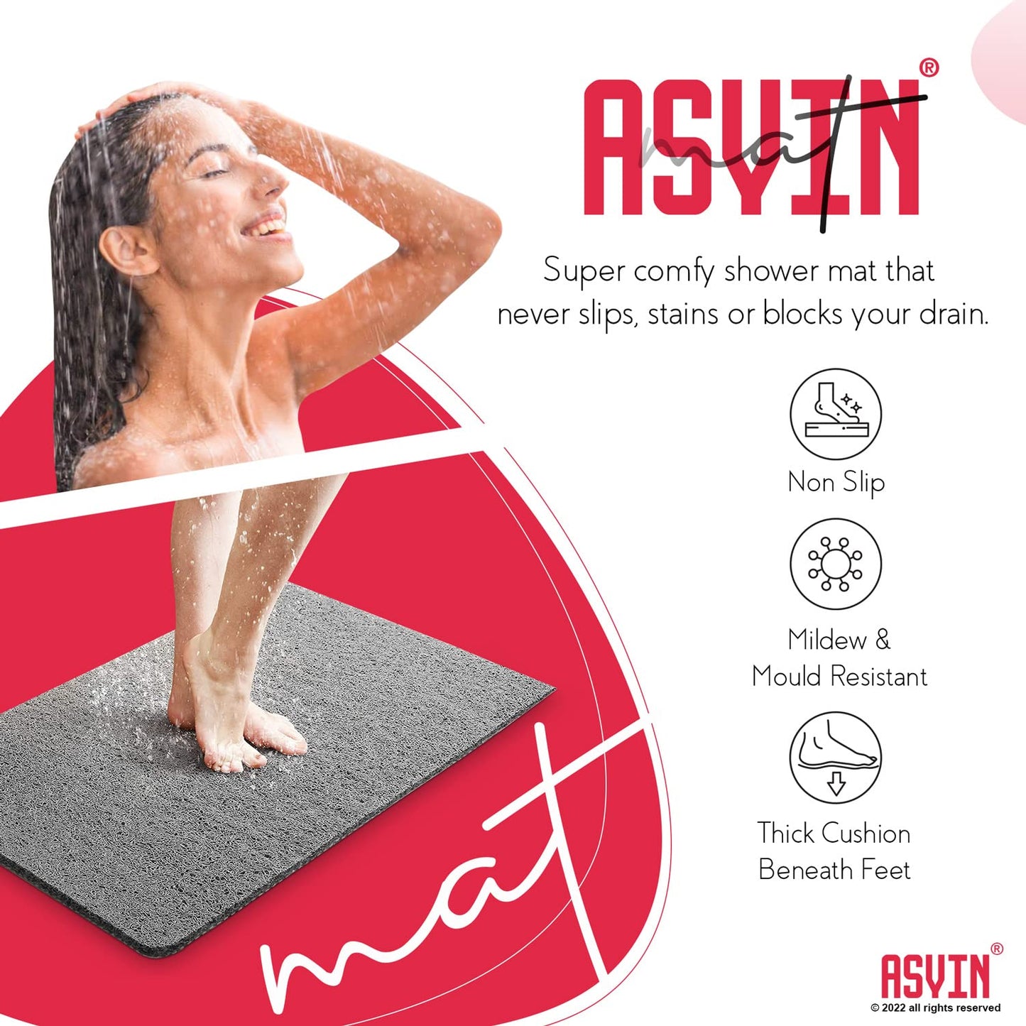 Asvin Soft Textured Anti Slip Bath & Shower Mat for Inside Shower & Wet Areas (40x60cm Grey) Phthalate Free Rubber Loofah Bathroom Mats for Slippery Surfaces, Quick Dry Antibacterial & Mould Resistant 40cm x 60cm