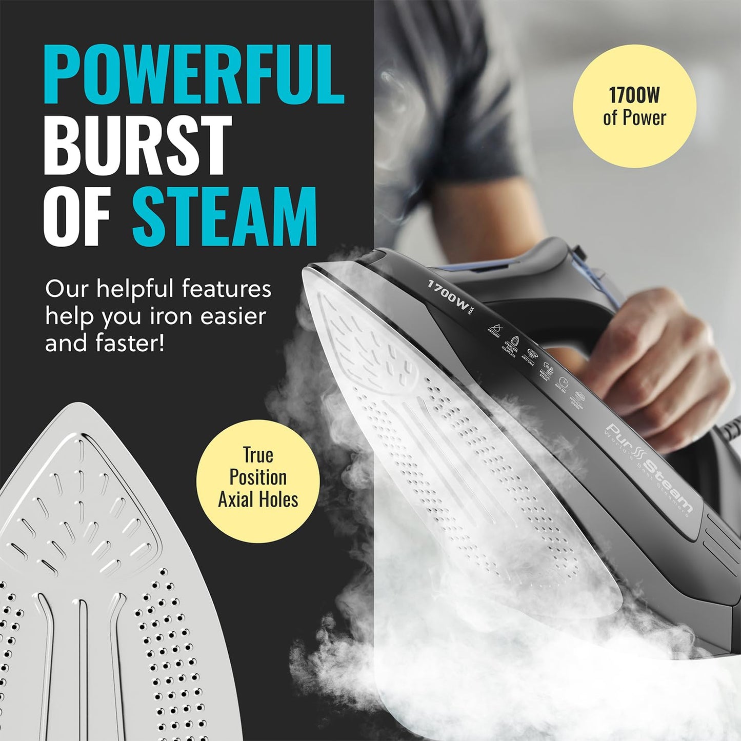 Professional Grade 1700W Steam Iron for Clothes with Rapid Even Heat Scratch Resistant Stainless Steel Sole Plate, True Position Axial Aligned Steam Holes, Self-Cleaning Function