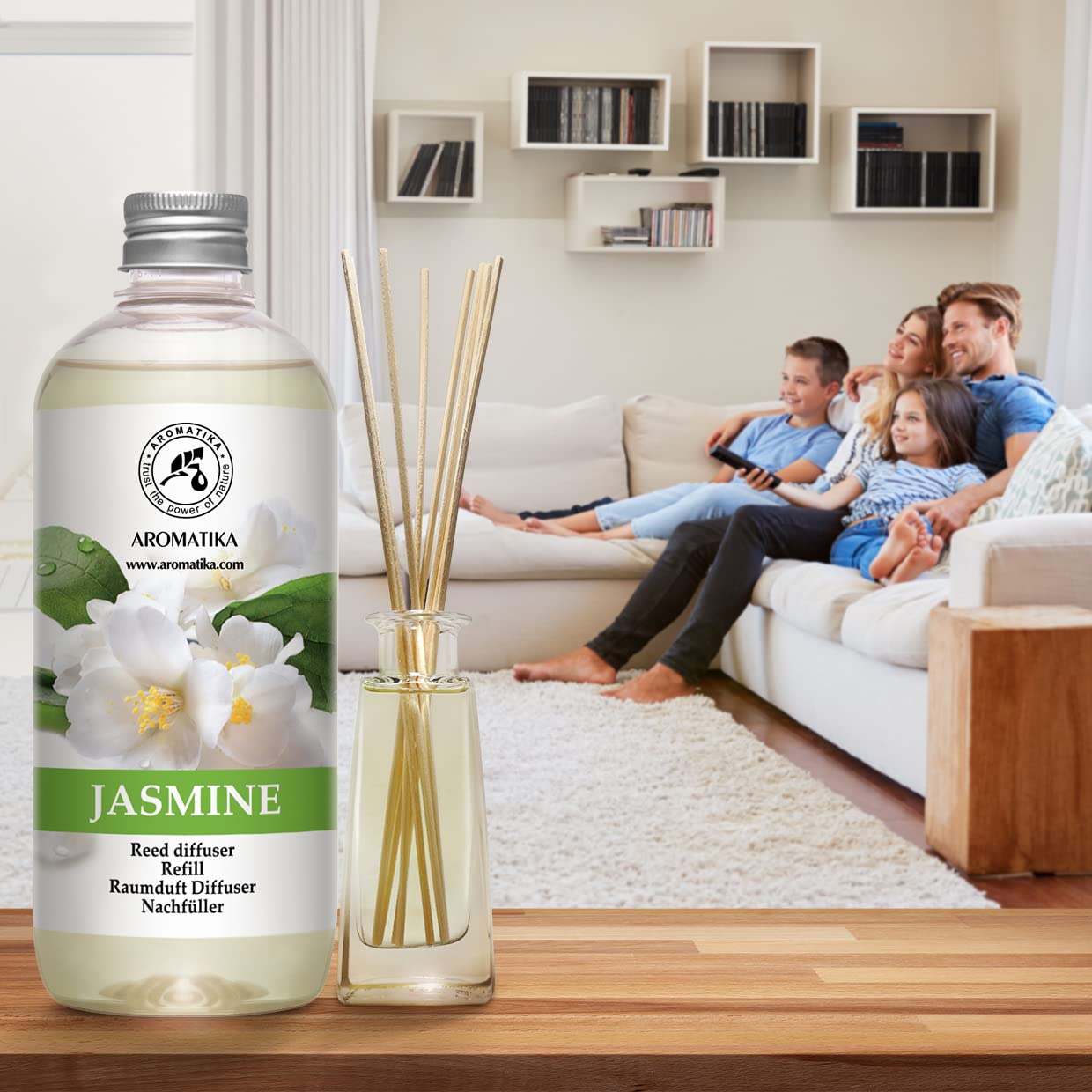 Jasmine Diffuser Refill w/Natural Essential Jasmine Oil 500ml - Best for Aromatherapy - Intensive - Fresh & Long Lasting Fragrance - Scented Reed Diffuser - Great Room Air Fresheners 500ml (Pack of 1)