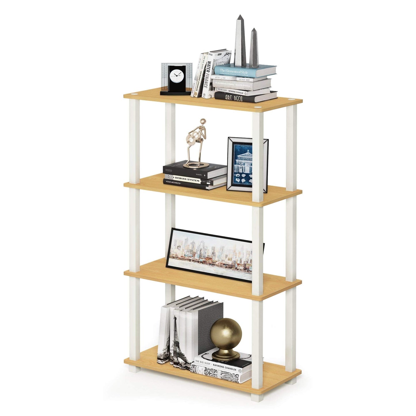 Furinno Turn-S-Tube 4-Tier Multipurpose Shelf Display Rack with Square Tube, Beech/White 4-Tier Square Tube