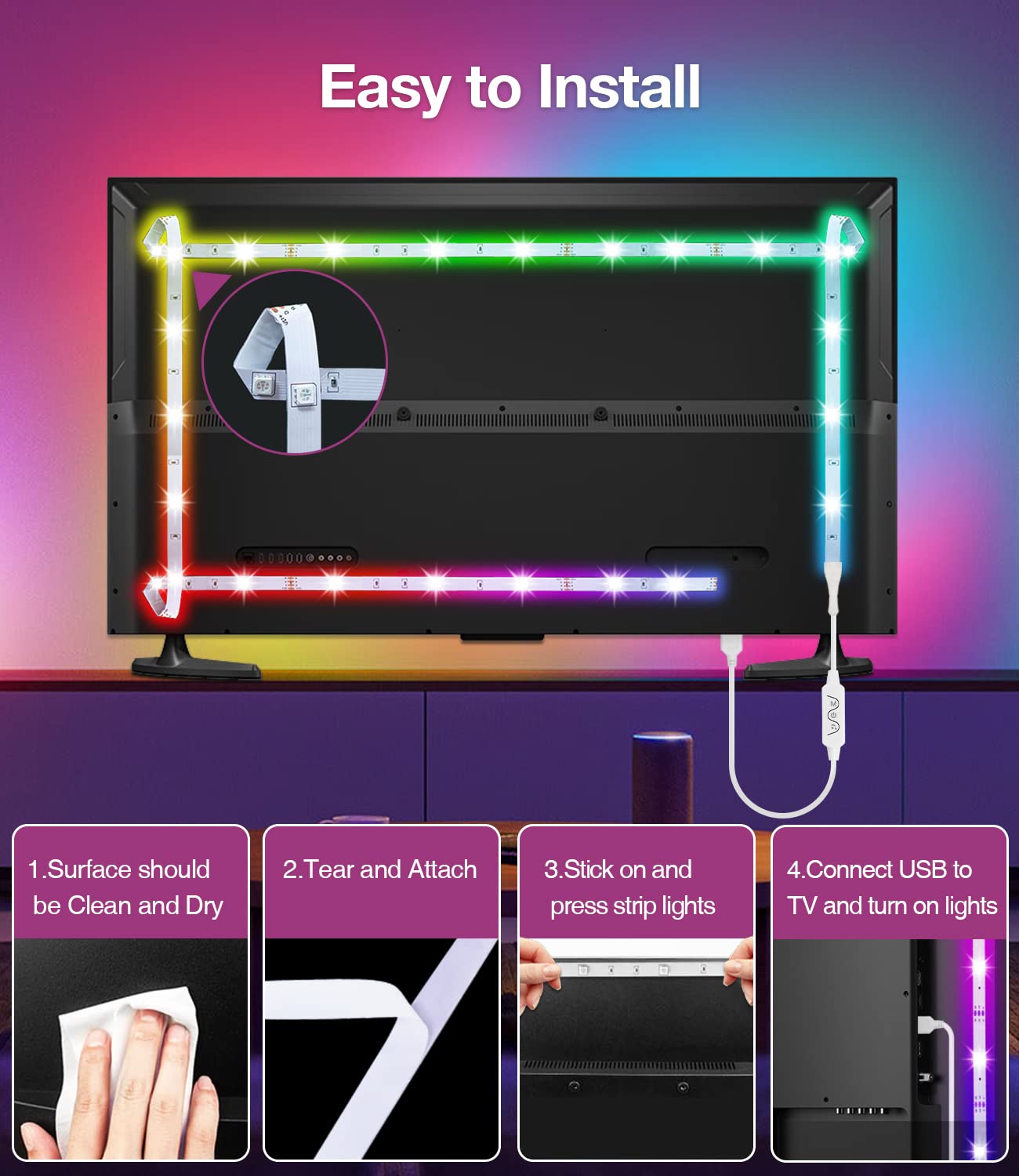 Daymeet TV Led Lights, 4M TV Led Backlight Led Lights USB Powered RGBIC TV Led Light Strip for 55-75 inch TV/Monitor Behind Lighting, Led TV Lights with Remote, Music Sync Bluetooth APP Control Running Light Color 4M for 55"-75" TV