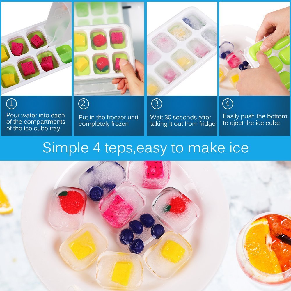 Ice Cube Trays with No-Spill Removable Lid, Lfgb Certified BPA Free Moulds,Easy-Release Silicone and Flexible 28-Ice Trays,Best for Freezer,Baby Food,Water,Whiskey,Cocktail and Other Drink 1green & 1blue