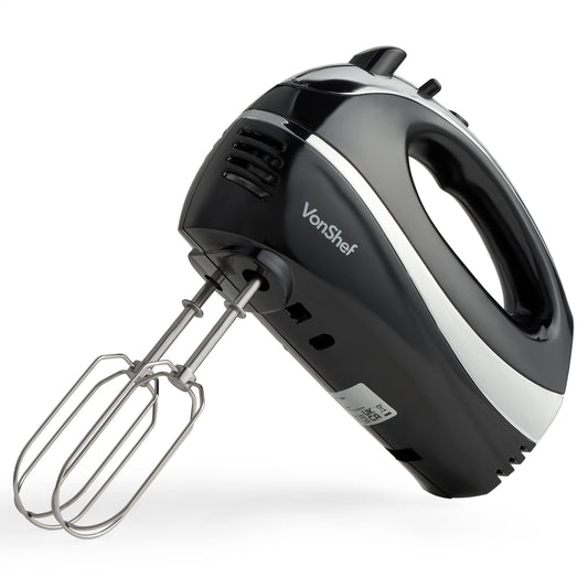 VonShef Hand Mixer Electric Whisk – Food Mixer for Baking with 5 Speeds, 300W, 2 Stainless Steel Beaters, 2 Dough Hooks & Balloon Whisk, Easy Clean, Turbo Boost, Eject Button, Compact – Black