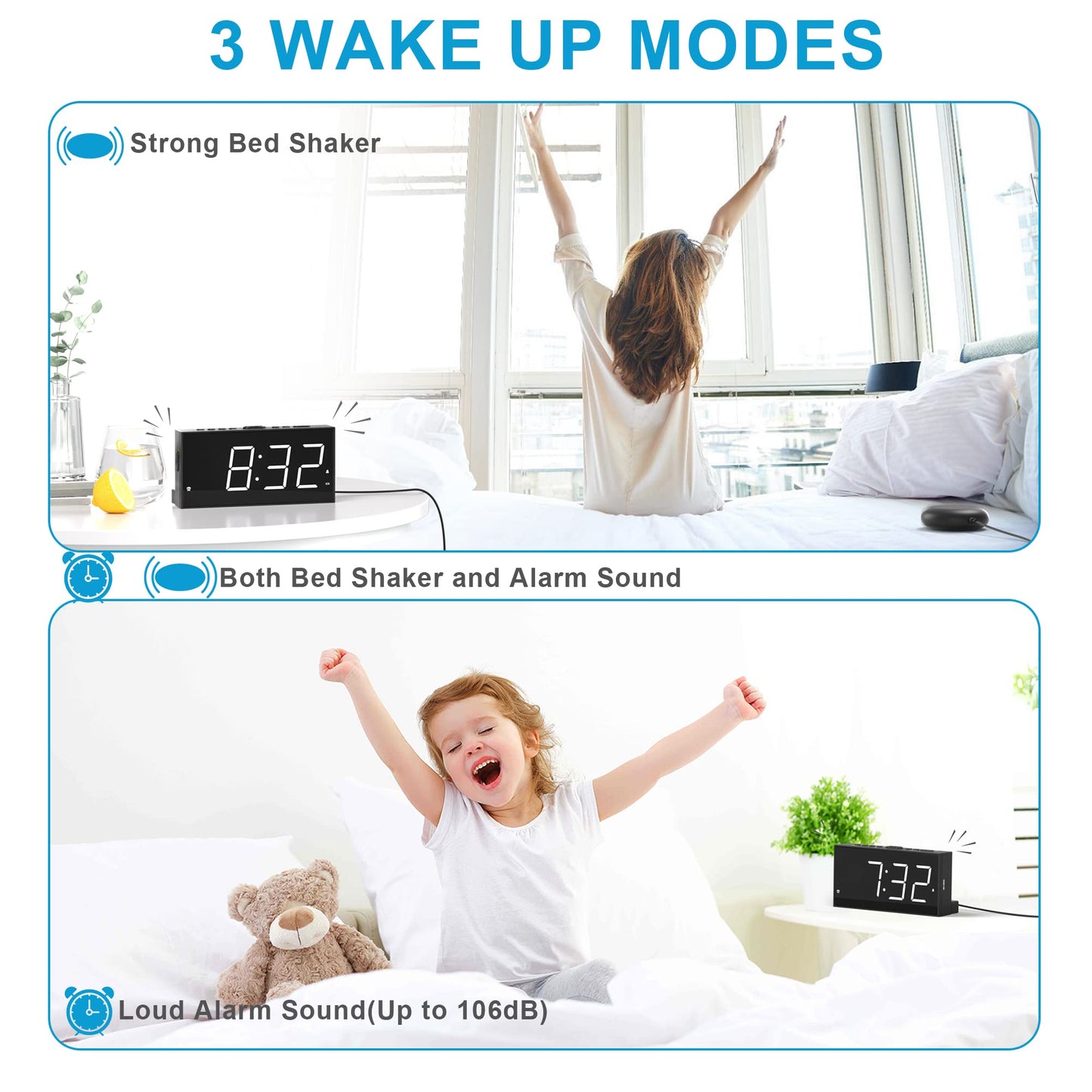 Mesqool Loud Alarm Clock with Bed Shaker for Deaf, Heavy Sleepers, Hearing Impaired,Dual Alarm,USB Phone Charger,Large LED Display,Big Snooze Button,DST 12/24H,Battery Backup, Adjustable Dimmer(White) White