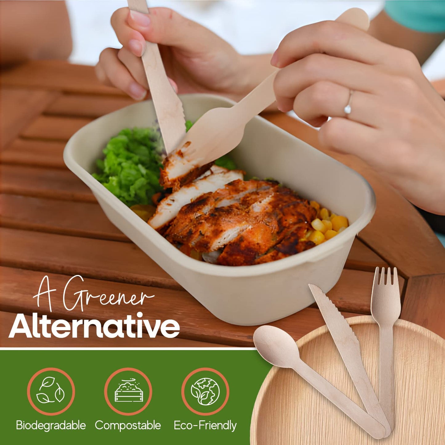 FOOGO Green 150pcs Disposable Wooden Cutlery Set, FSC® Certified, 50x Forks 50x Spoons 50x Knives, 16cm, Eco Friendly Biodegradable Compostable, Eco Friendly Cutlery Set, Party Picnic 150pcs | 16cm