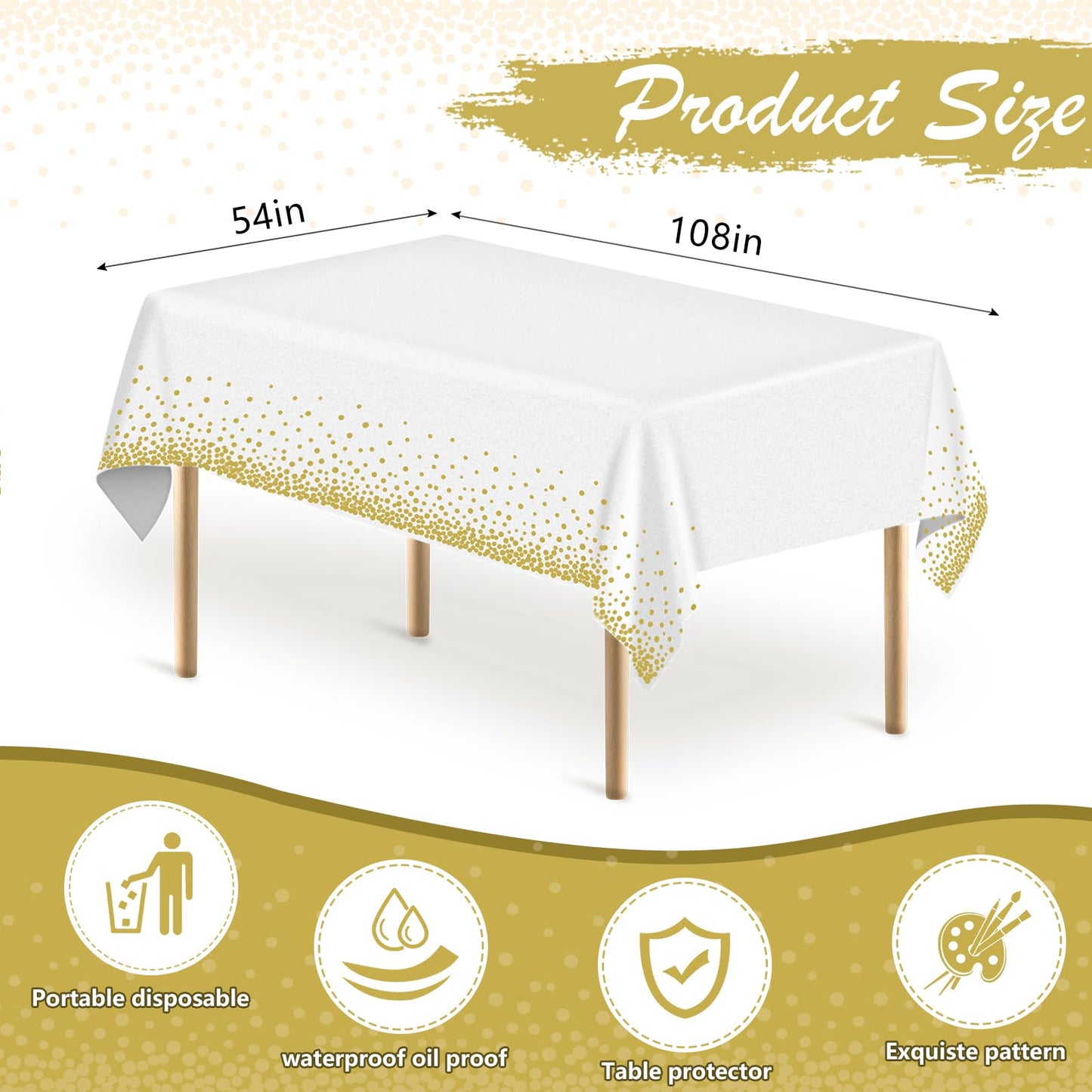 MOKANI Disposable Plastic Tablecloths, 4 Pack Party Rectangle Table Cloths, Gold Dot Confetti Rectangular Table Covers for Picnic Weddings Birthday Parties 54" x 108" 4 Packs