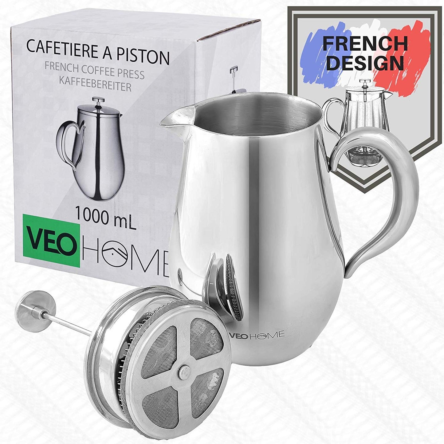 Cafetiere French Press Coffee Maker by VeoHome - Unbreakable and Keeps Coffee Hotter for a Long time Thanks to its Double Wall (1 Liter) 1 Liter