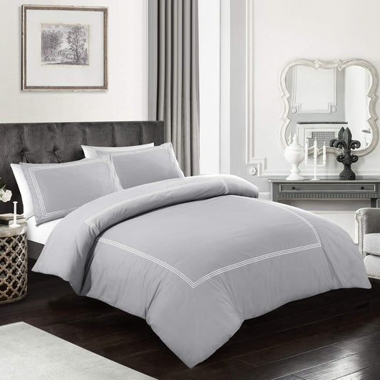 My Home Store Grey Duvet Cover King Size Hotel Quality Bedding Set Bratta Stitch Duvet Sets Soft Breathable 100% Poly Cotton Quilt Cover with Pillowcases