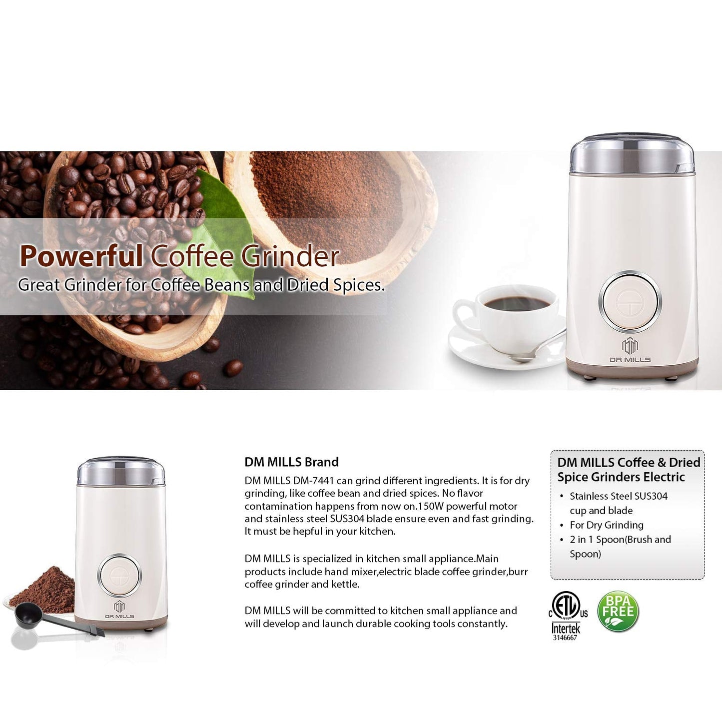 DR MILLS DM-7441W Electric Dried Spice and Coffee Grinder, Blade & Cup Made with SUS304 stianlees Steel（White) White