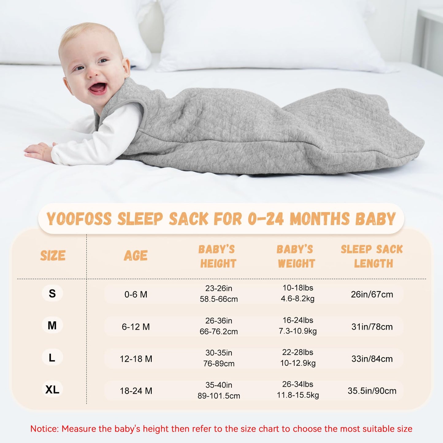 Yoofoss Baby Sleeping Bag 6-12 Months 100% Cotton TOG 2.5 Winter Toddler Sleep Sack Wearable Blanket for Infant Toddler Grey