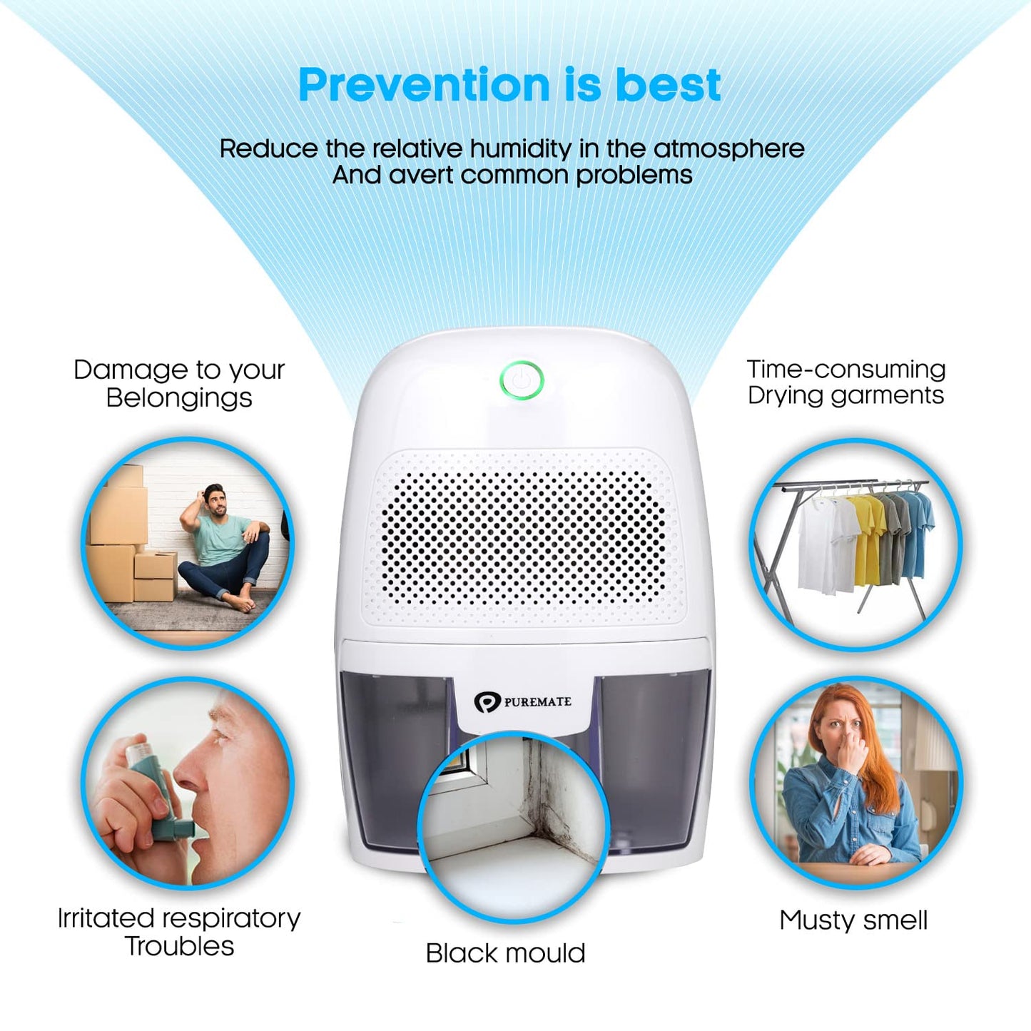 PureMate Dehumidifier 600ml Compact and Portable Mini Air Dehumidifier for Damp, Mould, Moisture in Home, Kitchen, Bedroom, Bathroom, Caravan, Garage Office, Basement - White