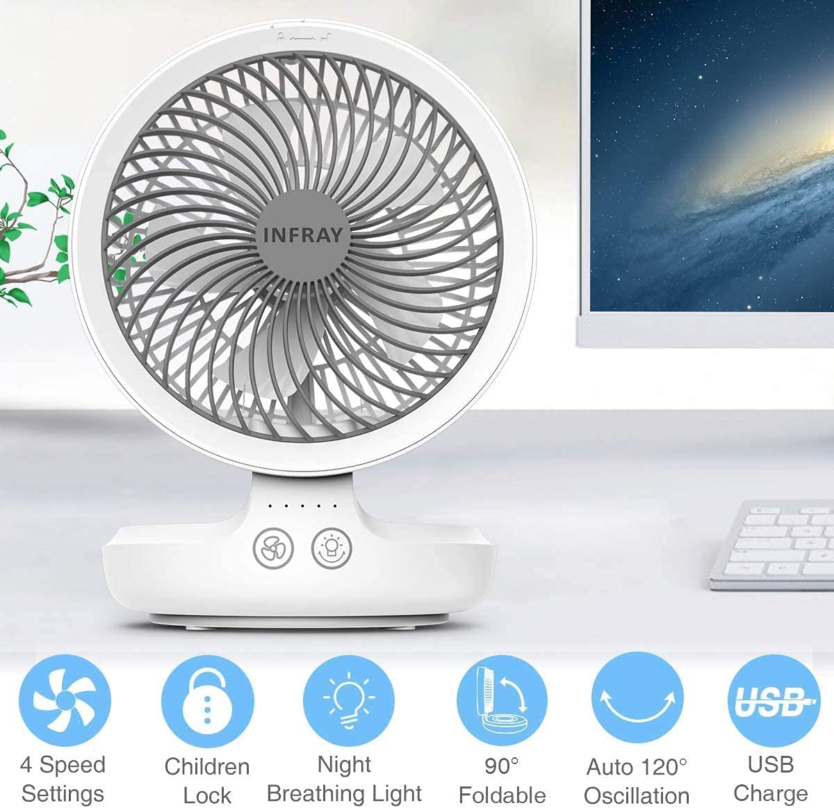 infray USB Desk Fan Rechargeable Portable Oscillating Table Fan with Night Breathing Light, Air Circulator Foldable Quiet Fan Desktop Personal Fan with 4 Speeds Setting for Home Office - White