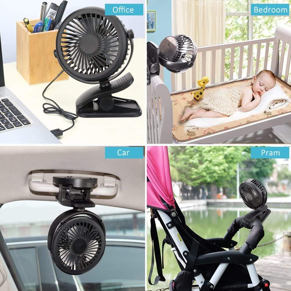 USB Fan, Telgoner Quiet Portable Clip Personal Mini Desk Fan with Rechargeble Battery, 3 Speed 360 Adjustable Cooling Desktop Fans Table Fans, Perfect for Baby Stroller, Traveling