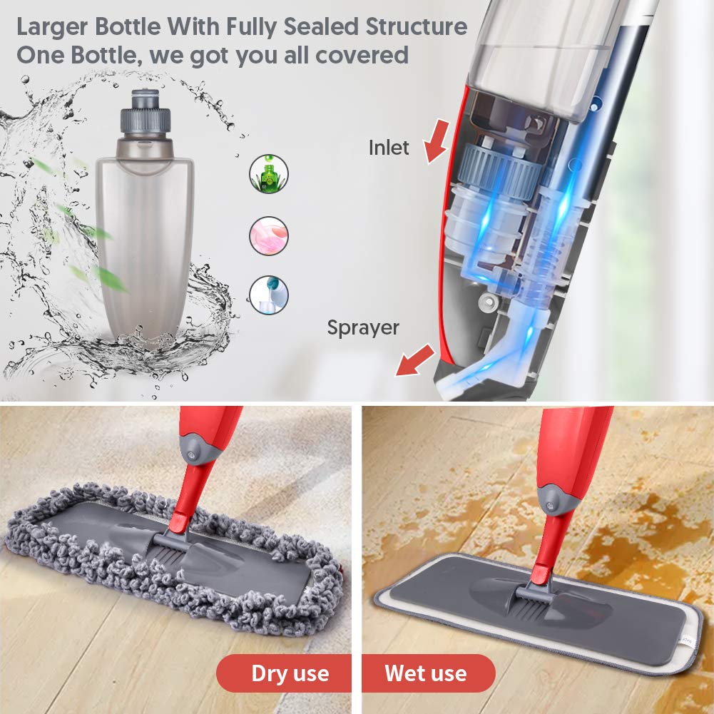 Microfibre Spray Floor Mop - HOMTOYOU Dry and Wet Hardwood Floor Cleaning Mop with 635ml Refillable Bottle 360 Degree Rotatable Spin Dust Chenille Mop with 3 Reusable Refills for Laminate Tile Marble Red/Balck