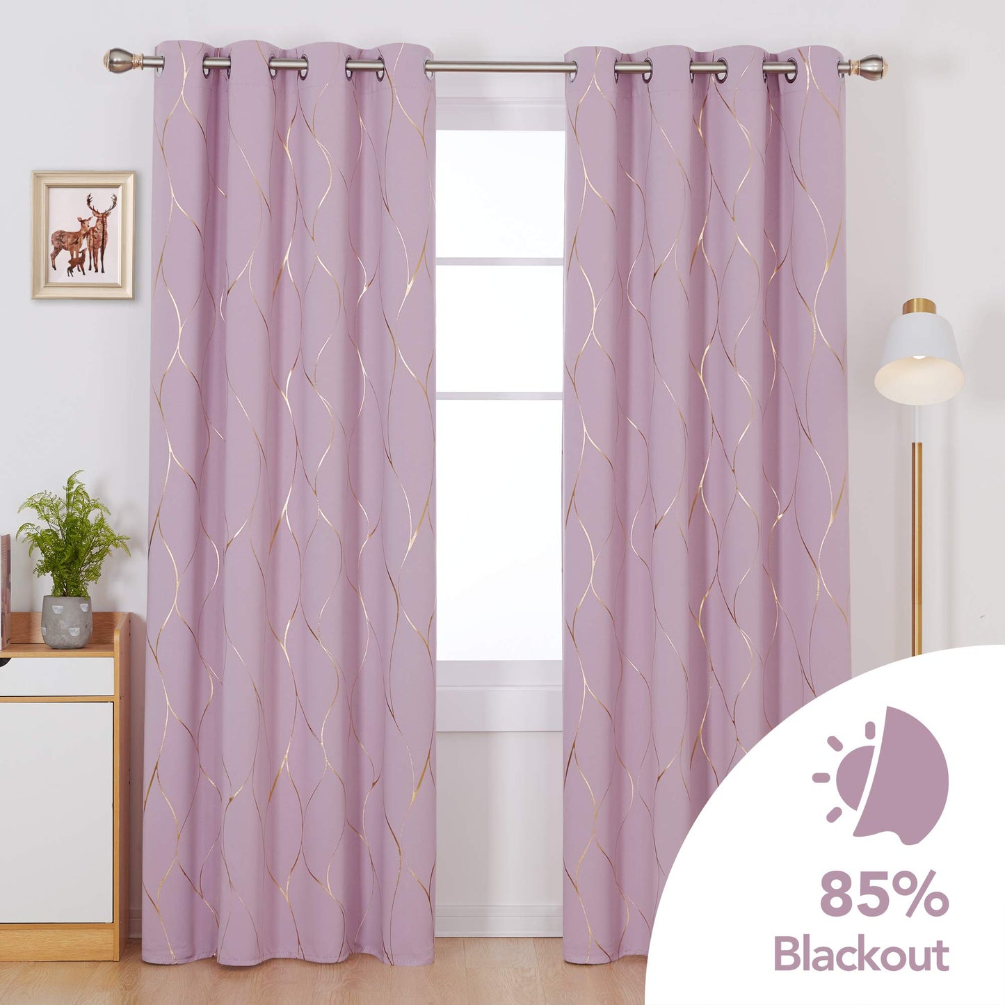 Deconovo Blackout Curtains, Ring Top Curtains, Home Decoration Eyelet Thermal Insulated Curtains, Gold Wave Foil Printed for Girls Bedroom, 52 x 90 Inch (Width x Length), Baby Pink, One Pair W52 x L90