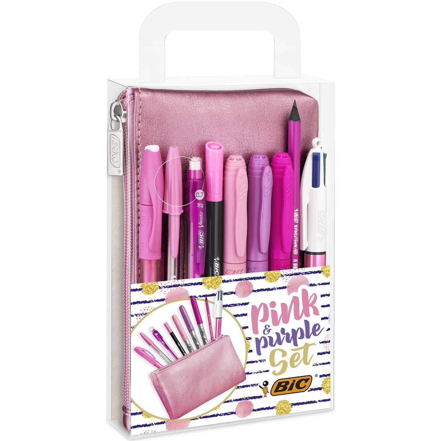 BIC Pink & Purple Set - 1 Pencil Case, 2 Ball Pens/1 Erasable Gel Pen/1 Graphite Pencil with Eraser/1 Writing Felt Pen/3 Permanent Markers/1 Mechanical Pencil Single