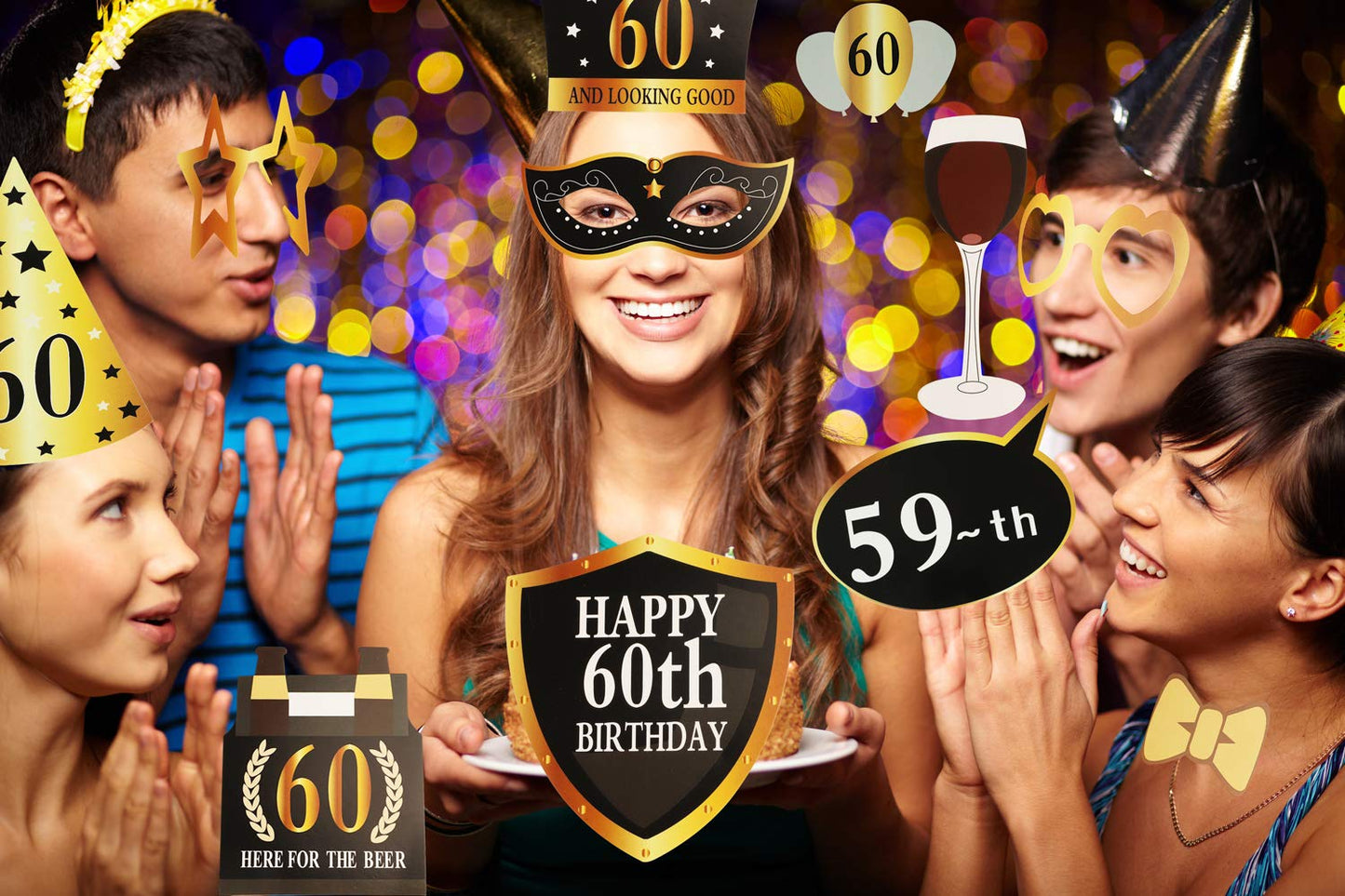 KissDate 24Pcs 60th Birthday Photo Booth Props, Funny DIY Kit for Men Women 60th Birthday Party Supplies 60th Birthday Decorations for Men Women(Black and Gold)