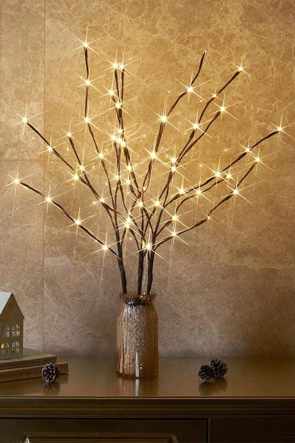 EAMBRITE 3PK 76cm Home Decorative Twig Lights Garden Stake Branch Lights with 60 Warm White LEDs Mains Powered Lighted Branches for Floor Vases Spring Xmas Decor Outdoor and Indoor Brown Wrapped Lighted Twig Stake