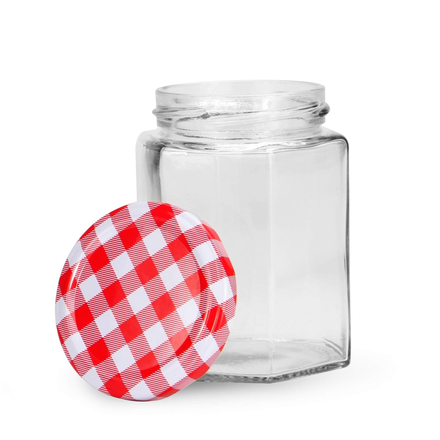 Hexagonal Mouth Glass Jam Jars - Set of 24 | 250ml Capacity | Glass Preserve Pots | Screw Top | Gingham Lids | Airtight Pickle & Sauce Jars | M&W