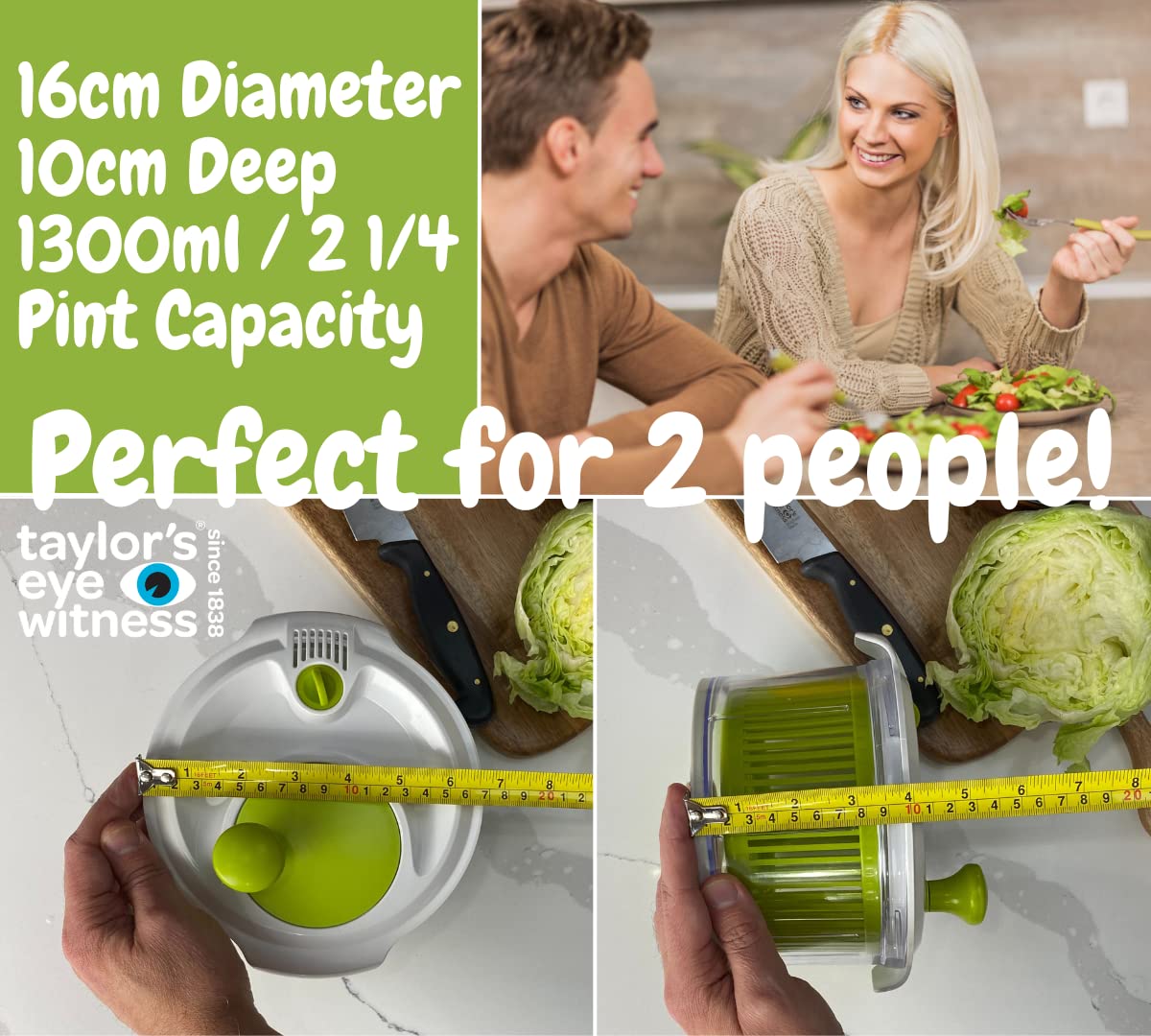 Small Salad Spinner with clear serving bowl, colander basket, smart-lock lid, easy drain system, non-slip base. 16cm|6in diam. Washes, dries & dresses lettuce, herbs, vegetables & fruit. Compact.