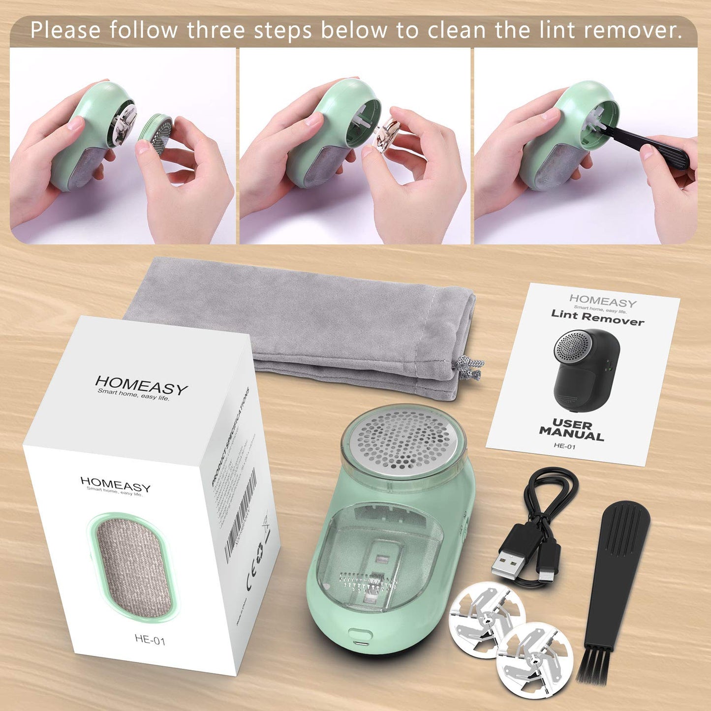 Fabric Shaver, Homeasy Lint Remover 2 in 1 Electric Lint Shaver Manual Lint Brush Sweater Defuzzer Bobble Remover for Clothes Quick and Effective Removal of Animal Hair and lint with 3 Blade Included Green