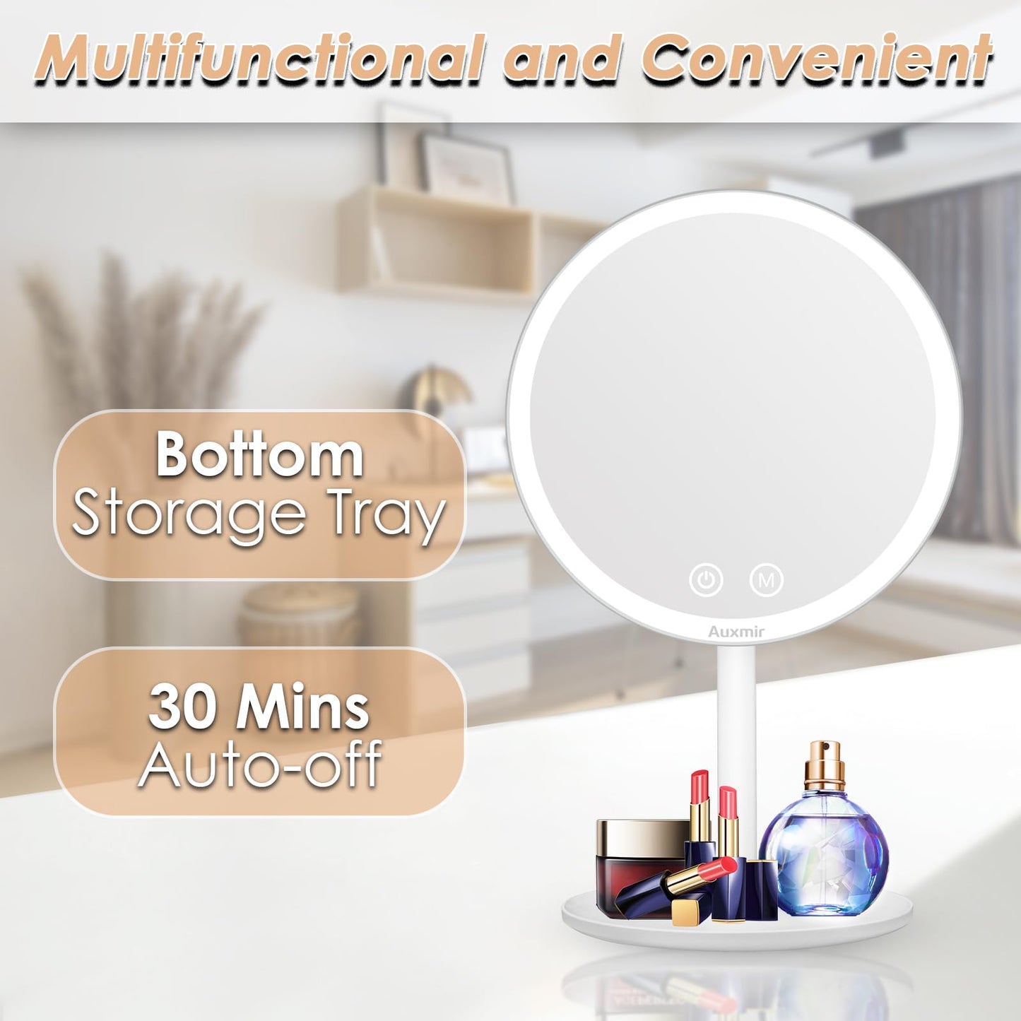 Auxmir Makeup Mirror with Light, Vanity Mirror with 5X Magnification, Dimmable Illuminated Led Dressing Mirror, 3 Lighting Modes & Touch Control, Rechargeable Cosmetic Mirror on Stand for Table Desk 1X/5X-USB Rechargeable