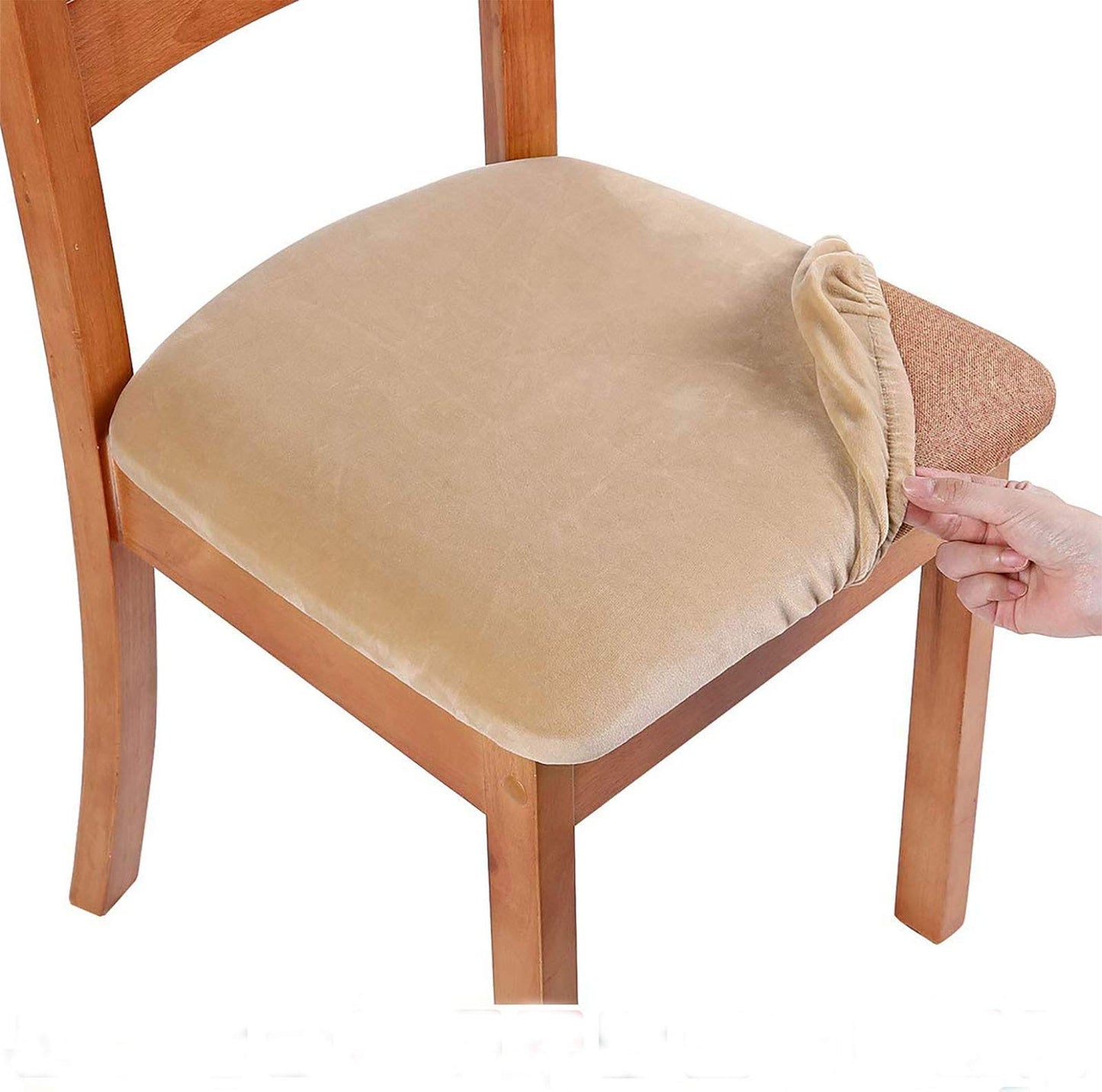 smiry Stretch Chair Seat Covers for Dining Room, Velvet Dining Chair Seat Protectors Chair Slipcovers, Set of 6, Beige